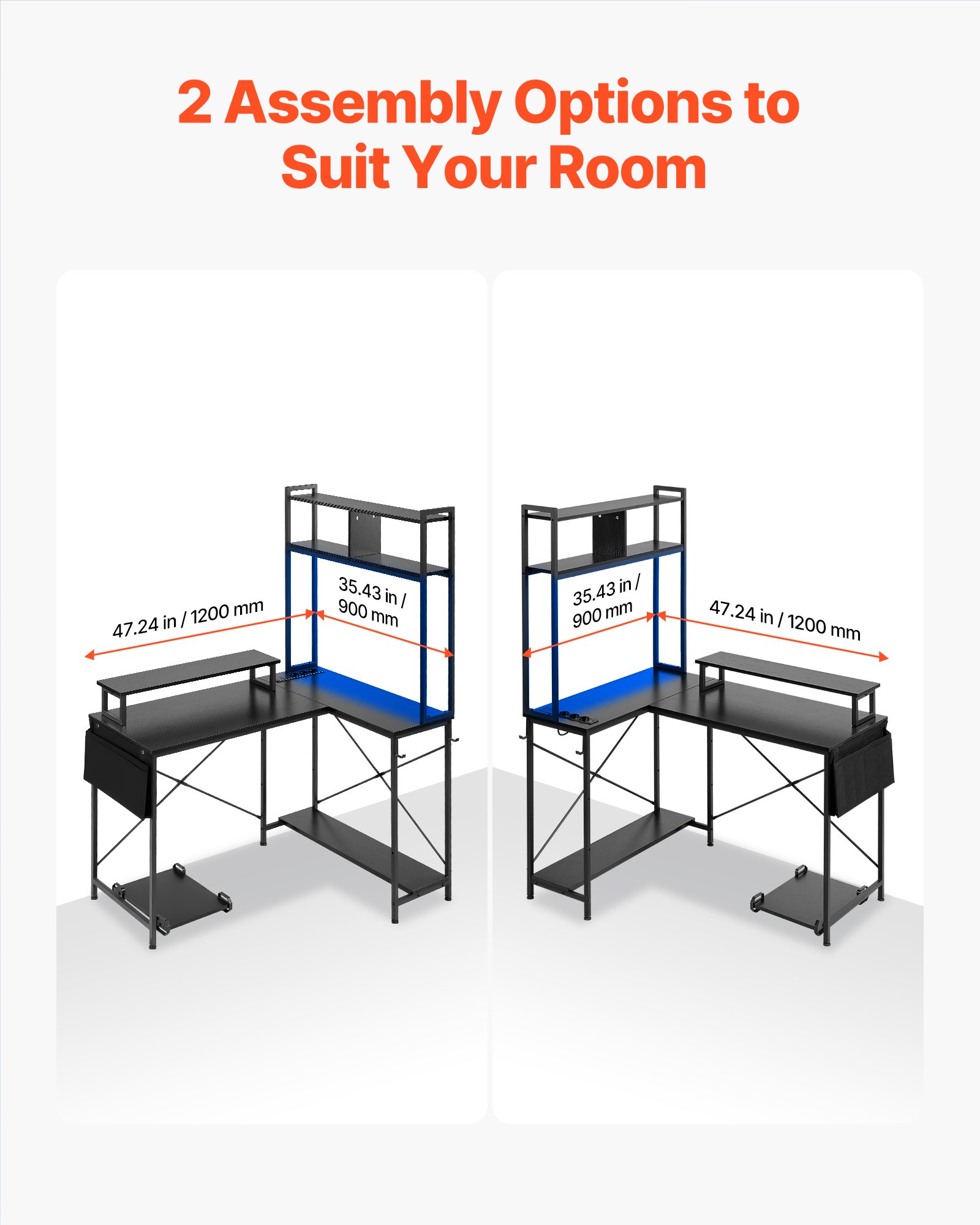 VEVOR 1.2 m Reversible L-Shaped Gaming Desk with RGB LED, Power Outlets, Monitor Stand, Shelves & CPU Stand for Home Office - Зображення 5