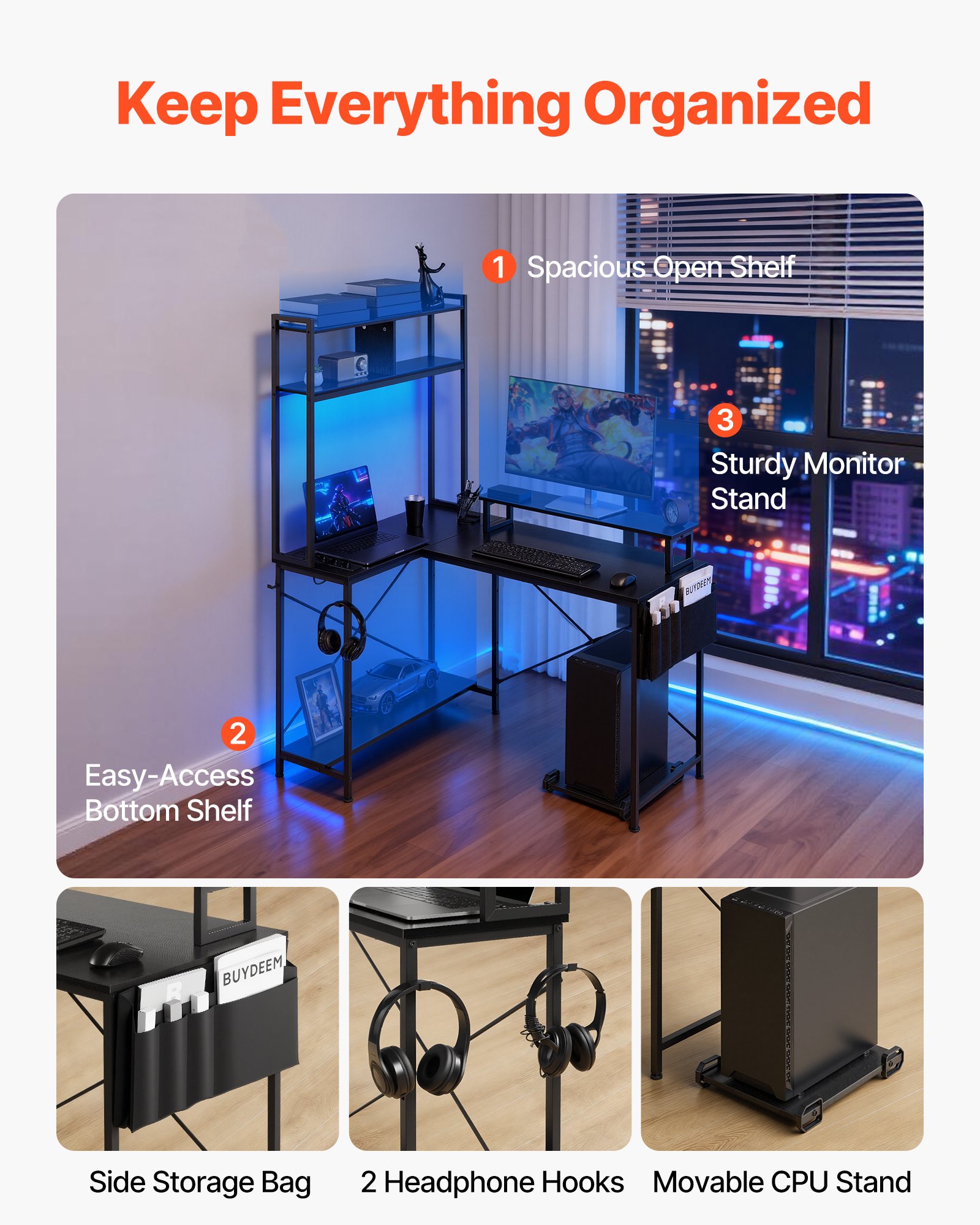 VEVOR 1.2 m Reversible L-Shaped Gaming Desk with RGB LED, Power Outlets, Monitor Stand, Shelves & CPU Stand for Home Office - Зображення 6