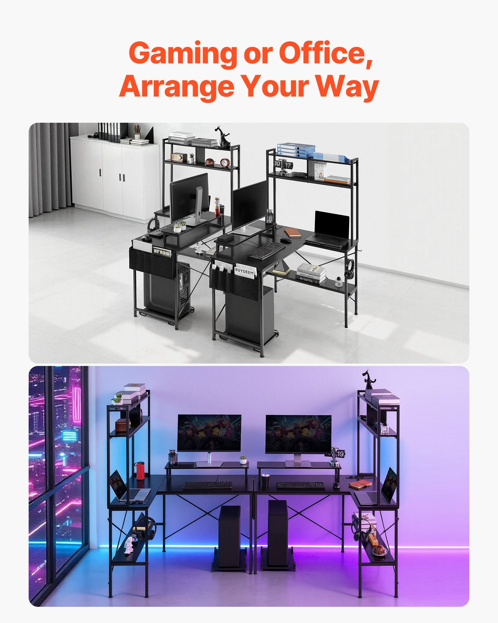 VEVOR 1.2 m Reversible L-Shaped Gaming Desk with RGB LED, Power Outlets, Monitor Stand, Shelves & CPU Stand for Home Office - Зображення 7