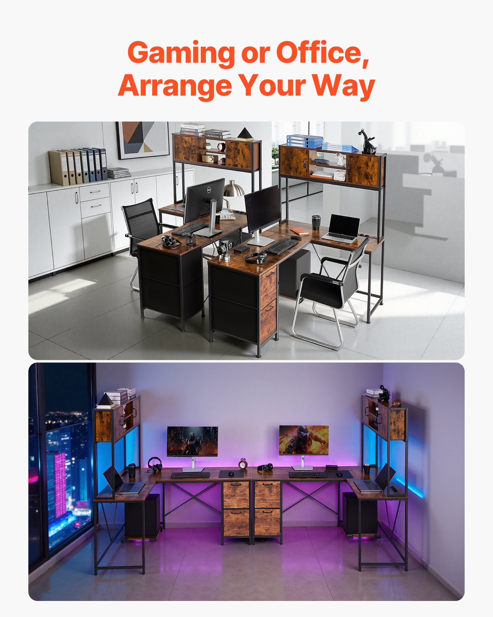 VEVOR 1.58 m Reversible L-Shaped Gaming Desk with RGB LED, Power Outlets, Storage Cabinets, Drawers & Movable CPU Stand - Зображення 7