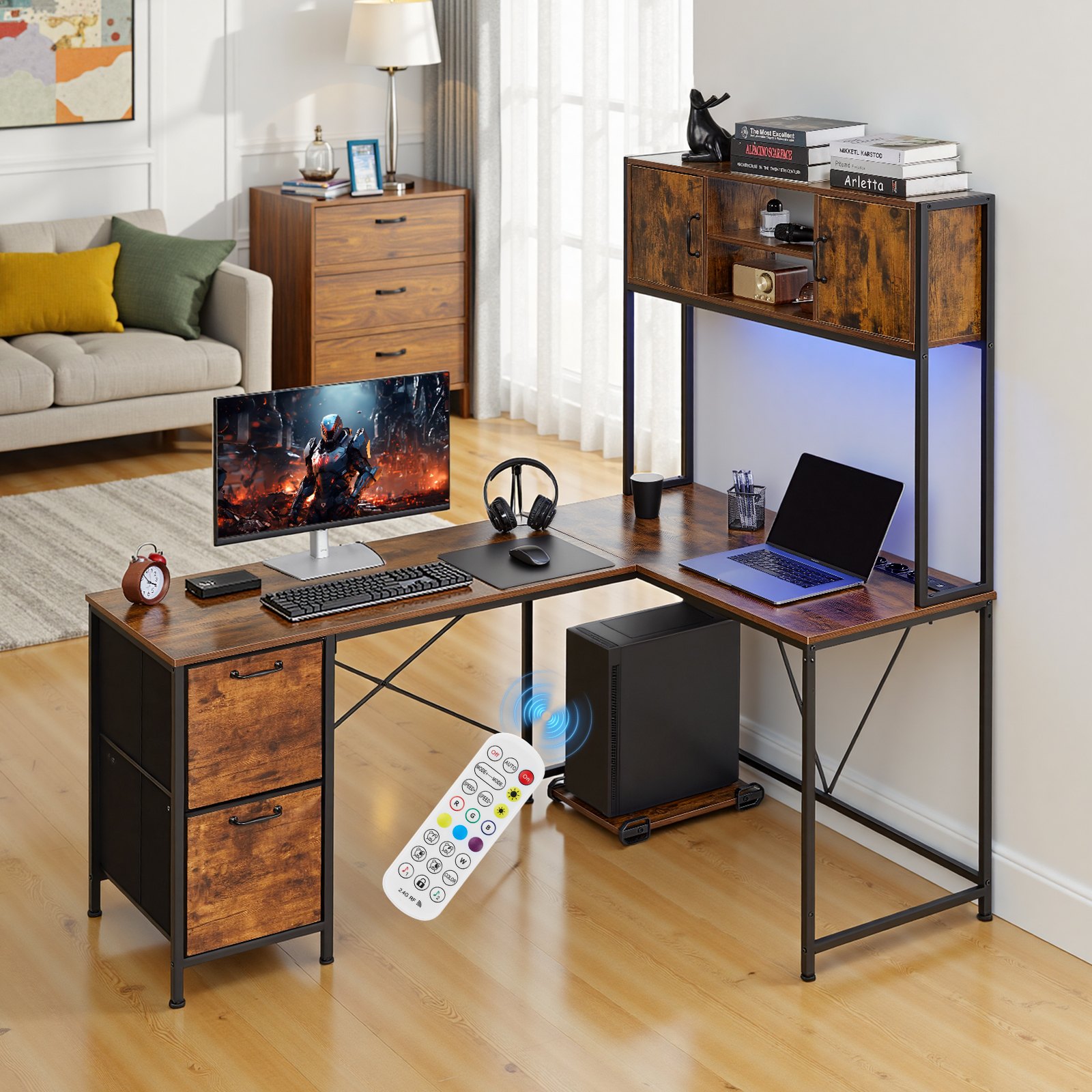 VEVOR 1.58 m Reversible L-Shaped Gaming Desk with RGB LED, Power Outlets, Storage Cabinets, Drawers & Movable CPU Stand - Зображення 8