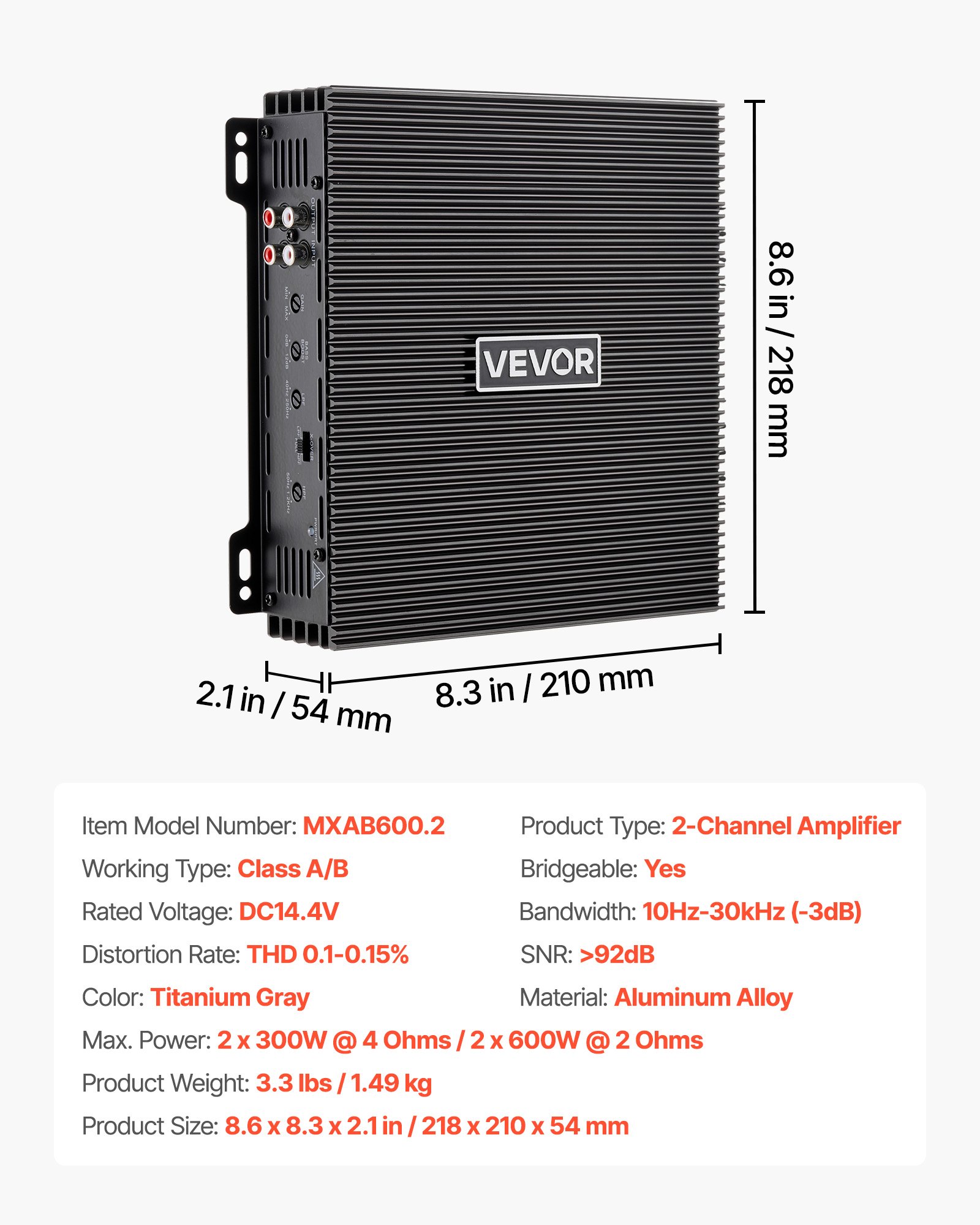 VEVOR 2-Channel Bridgeable Car Audio Amplifier Class AB, 2 x 300W/4Ω 2 x 600W/2Ω, High Power Stereo Amp for 12V Vehicles — изображение 7