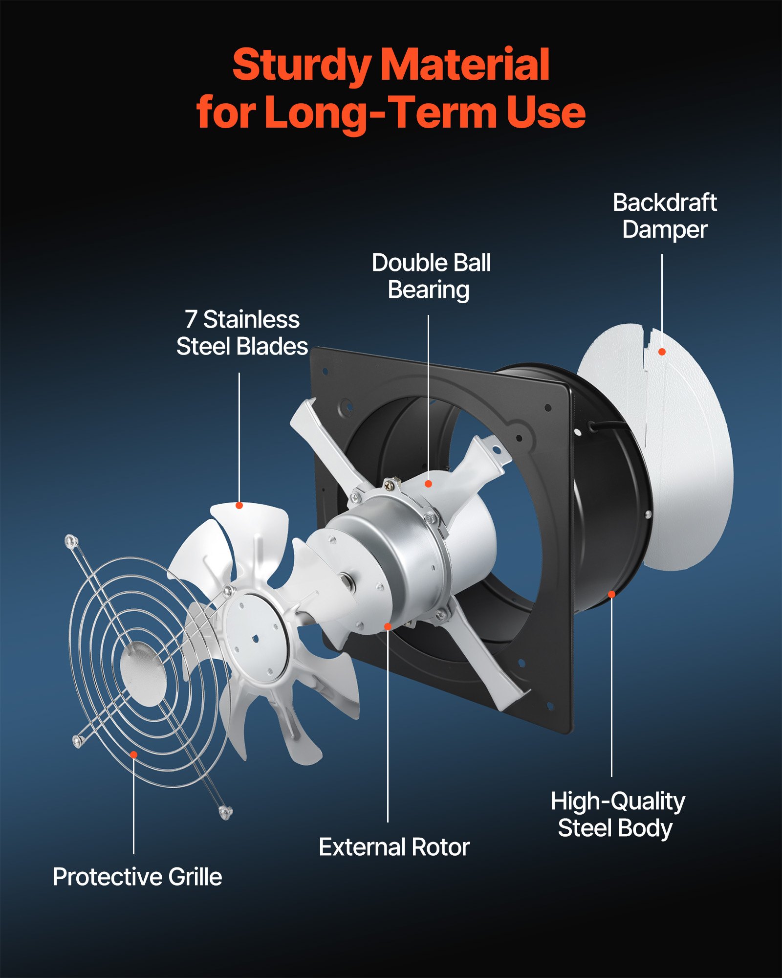 VEVOR 25.4 cm 988 m³/h Wall Exhaust Fan with Speed Control, 50W Steel Ventilation Fan with Backdraft Damper for Kitchen, Garage, Attic — Attēls 6