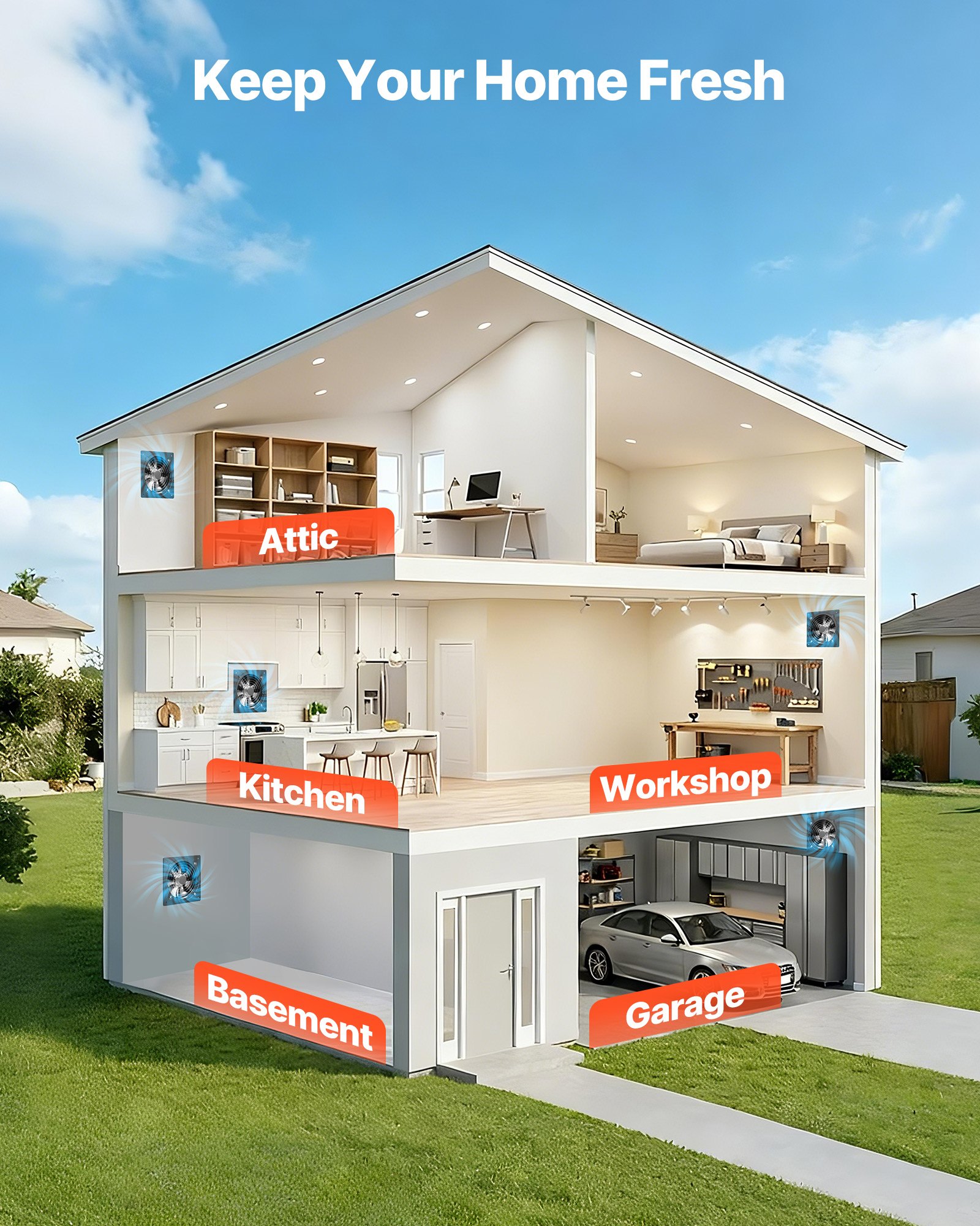 VEVOR 25.4 cm 988 m³/h Wall Exhaust Fan with Speed Control, 50W Steel Ventilation Fan with Backdraft Damper for Kitchen, Garage, Attic — Attēls 7