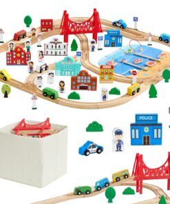 VEVOR 113-Piece Wooden Train Set with Storage Box