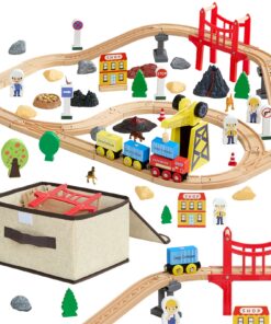 VEVOR 70-Piece Wooden Train Set with Magnetic Crane