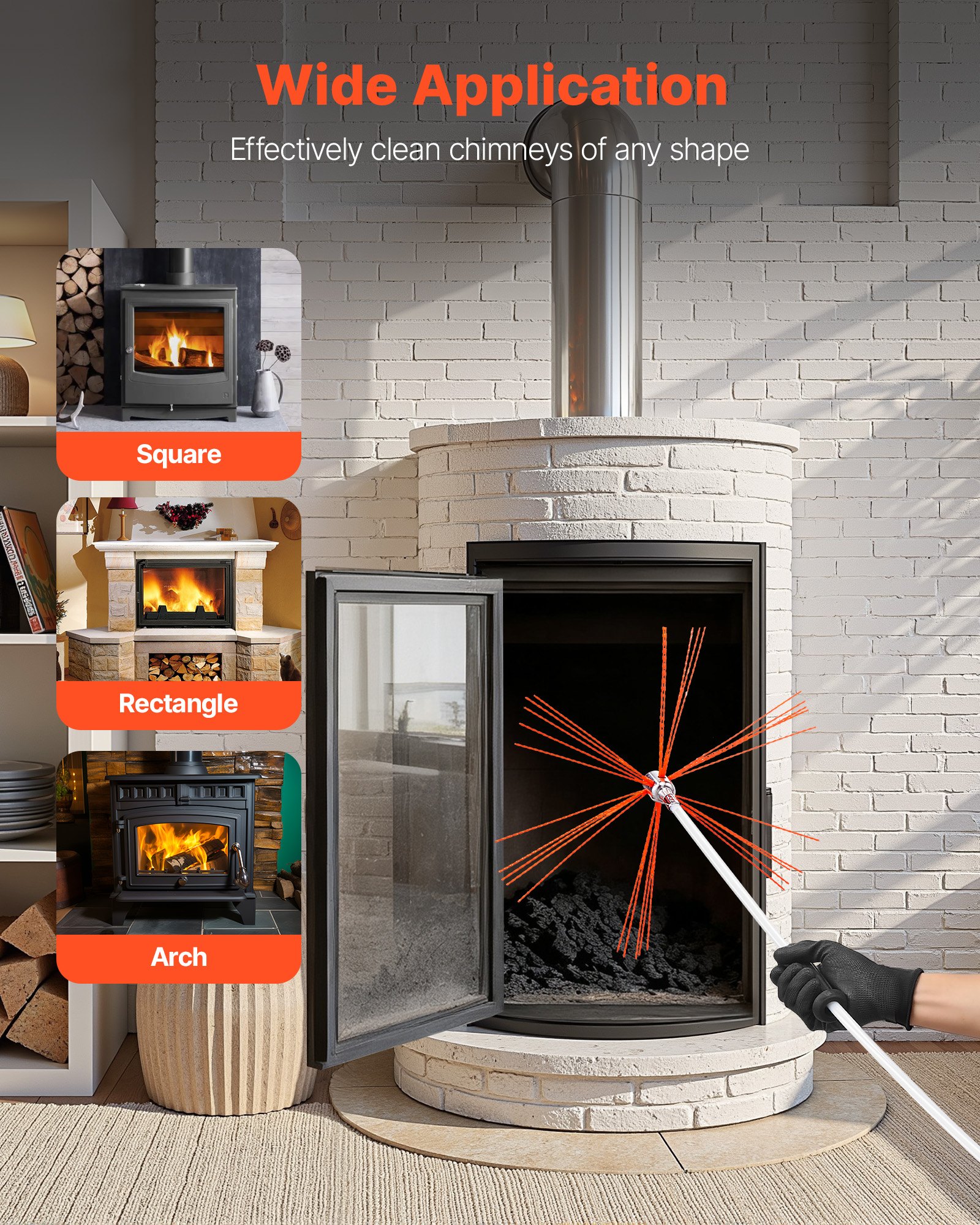 VEVOR 12 m Chimney Sweep Kit with Dual Brush Heads, Flexible Nylon Rods, Goggles, Fireplace and Flue Cleaning Tool Set - Зображення 6