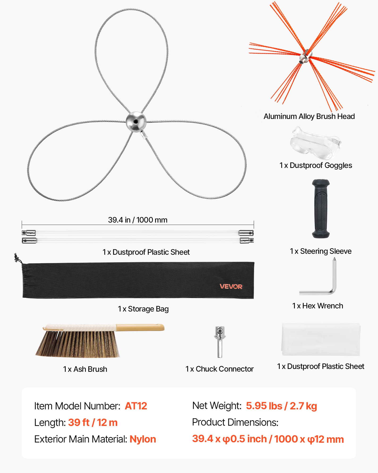 VEVOR 12 m Chimney Sweep Kit with Dual Brush Heads, Flexible Nylon Rods, Goggles, Fireplace and Flue Cleaning Tool Set - Зображення 7