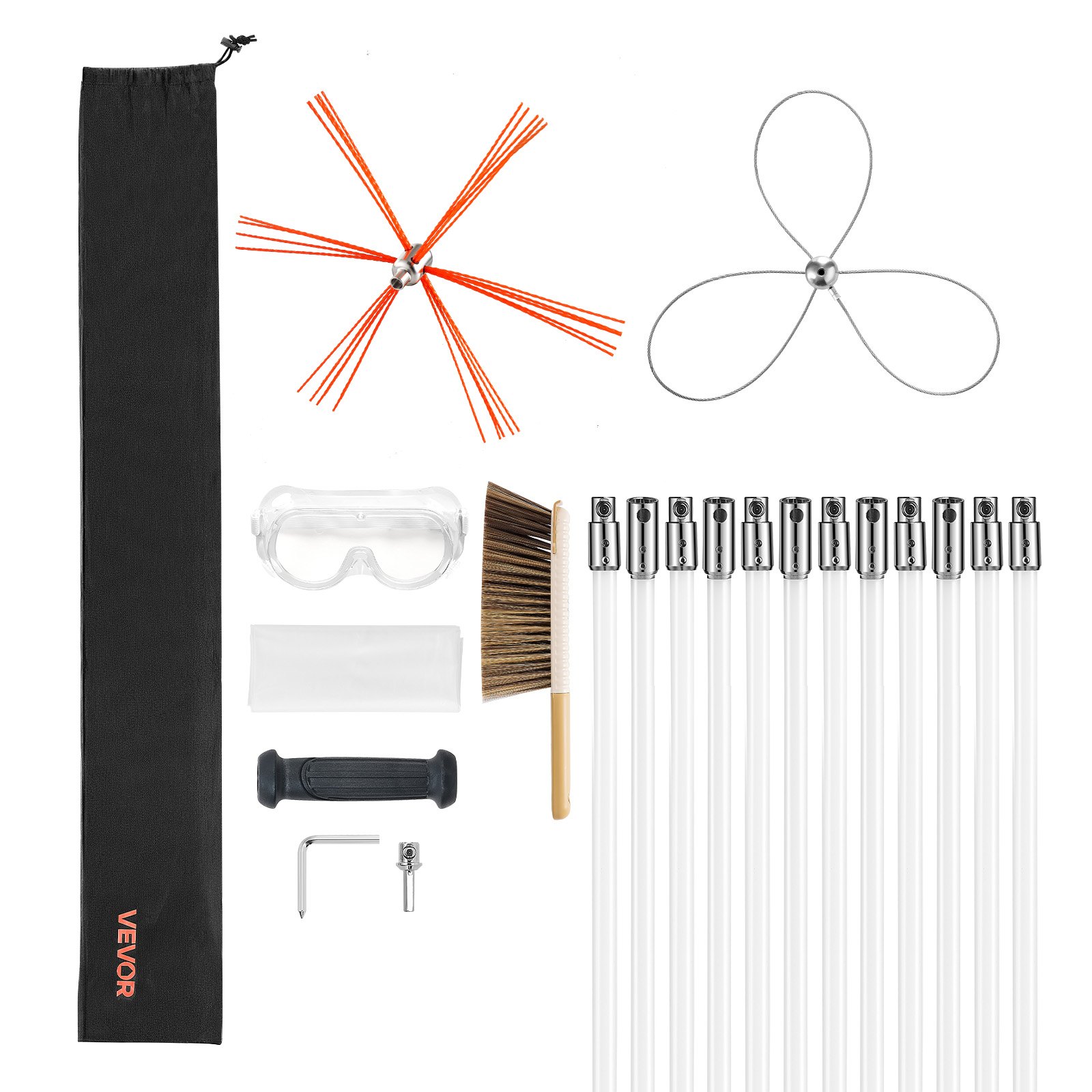 VEVOR 12 m Chimney Sweep Kit with Dual Brush Heads, Flexible Nylon Rods, Goggles, Fireplace and Flue Cleaning Tool Set - Зображення 9