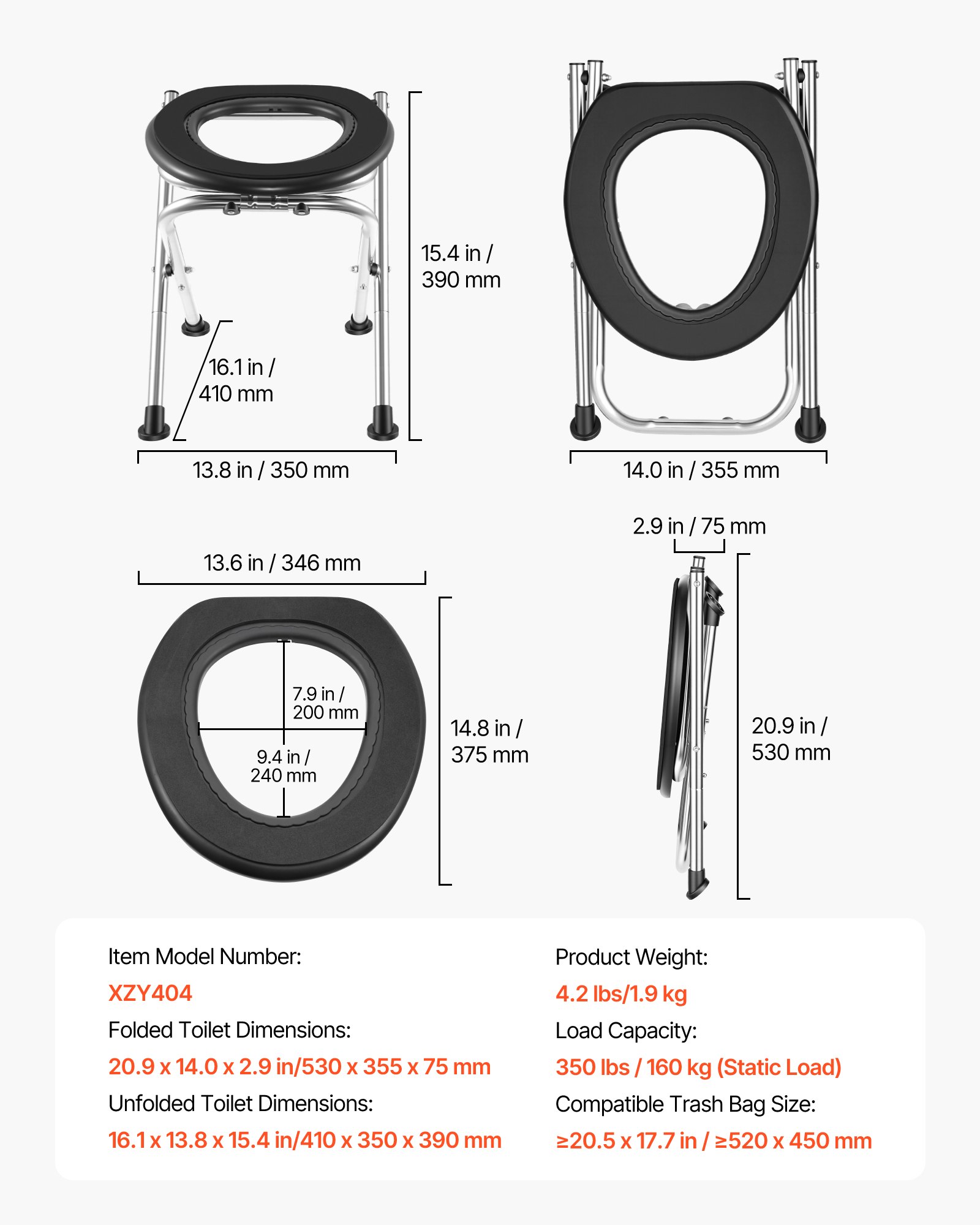 VEVOR Portable Camping Toilet 160 kg, Foldable Stainless Steel Travel Toilet with Soft Seat & Trash Bags for RV, Truck, Outdoor Use - Зображення 7