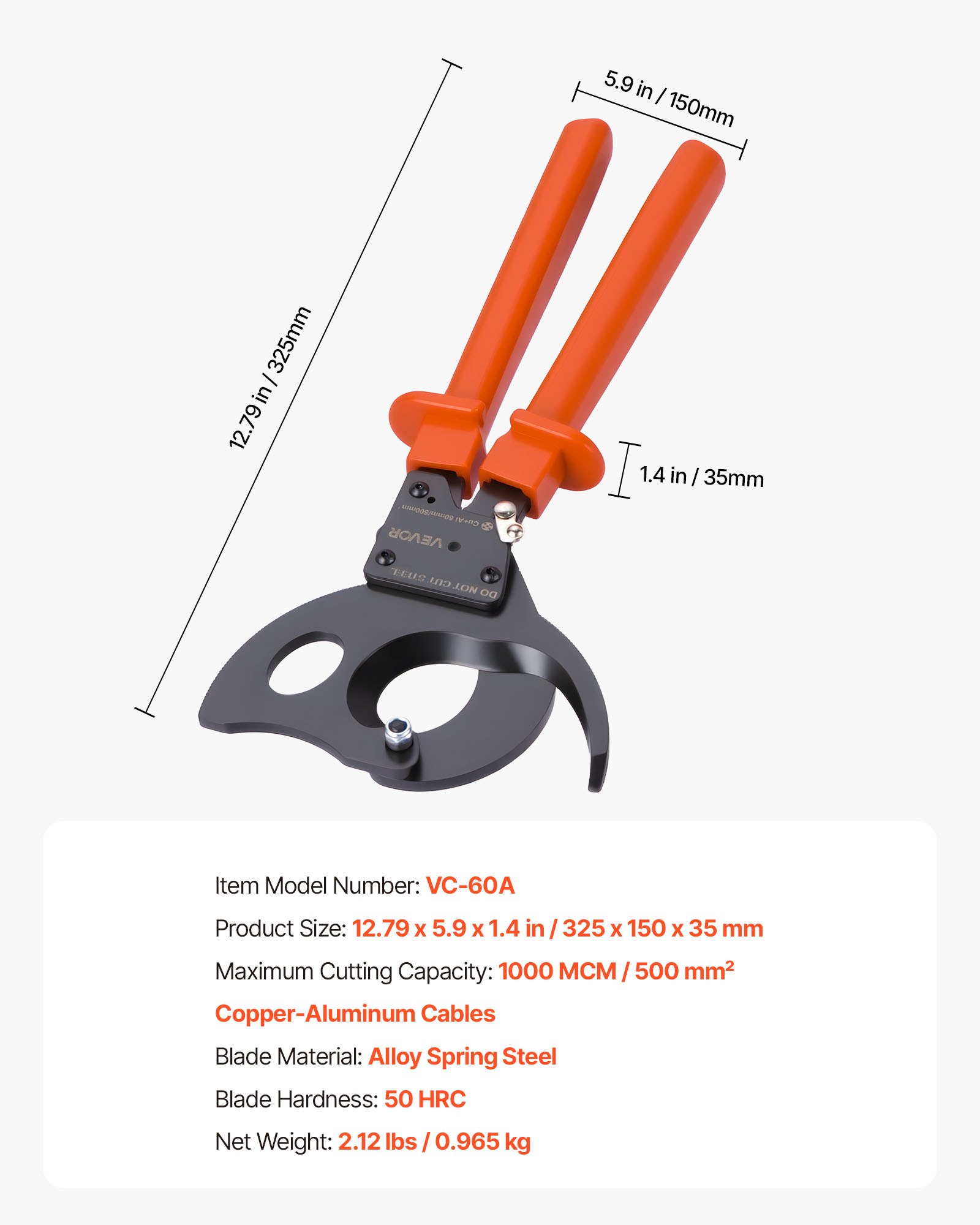 VEVOR Ratcheting Cable Cutter 500 mm², Spring Steel Blades, PVC Handles, Quick-Release, Heavy-Duty for Copper & Aluminum Cables — изображение 7