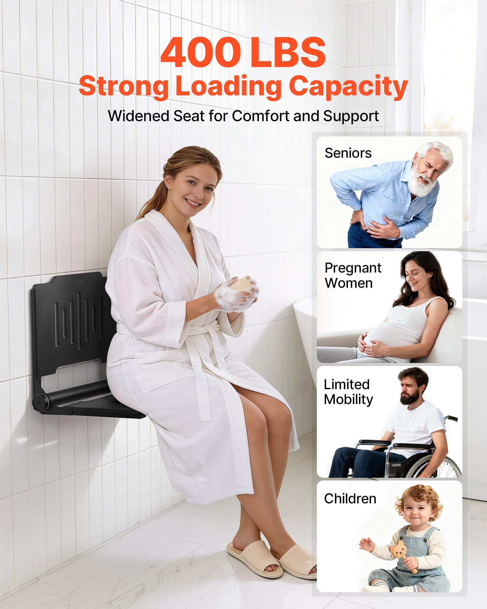 VEVOR Foldable Wall Mounted Shower Seat 45.2 cm with Backrest, Plastic Bench with 304 Stainless Steel Frame, 180 kg Load for Adults & Seniors - Зображення 4