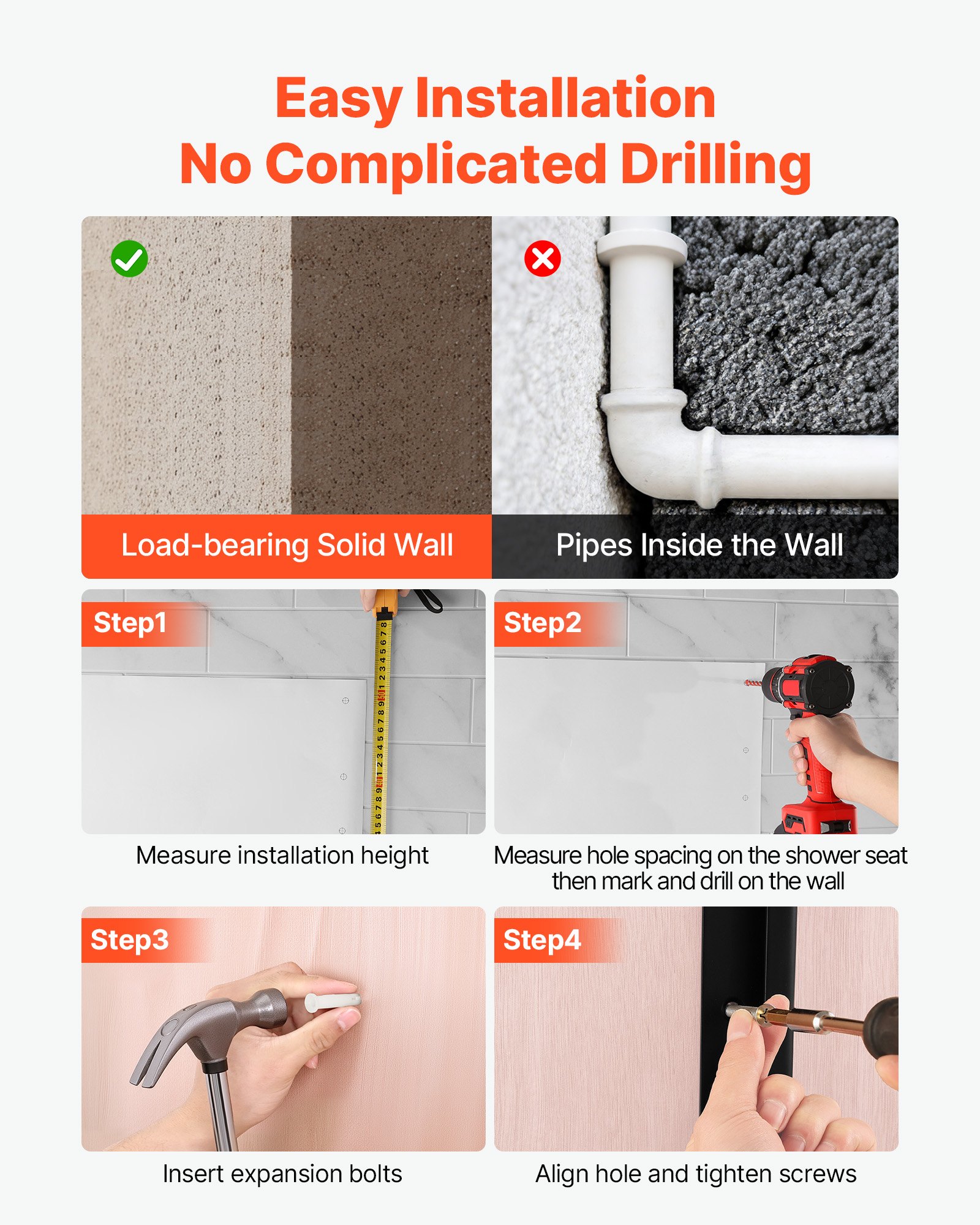 VEVOR Foldable Wall Mounted Shower Seat 45.2 cm with Backrest, Plastic Bench with 304 Stainless Steel Frame, 180 kg Load for Adults & Seniors - Зображення 6