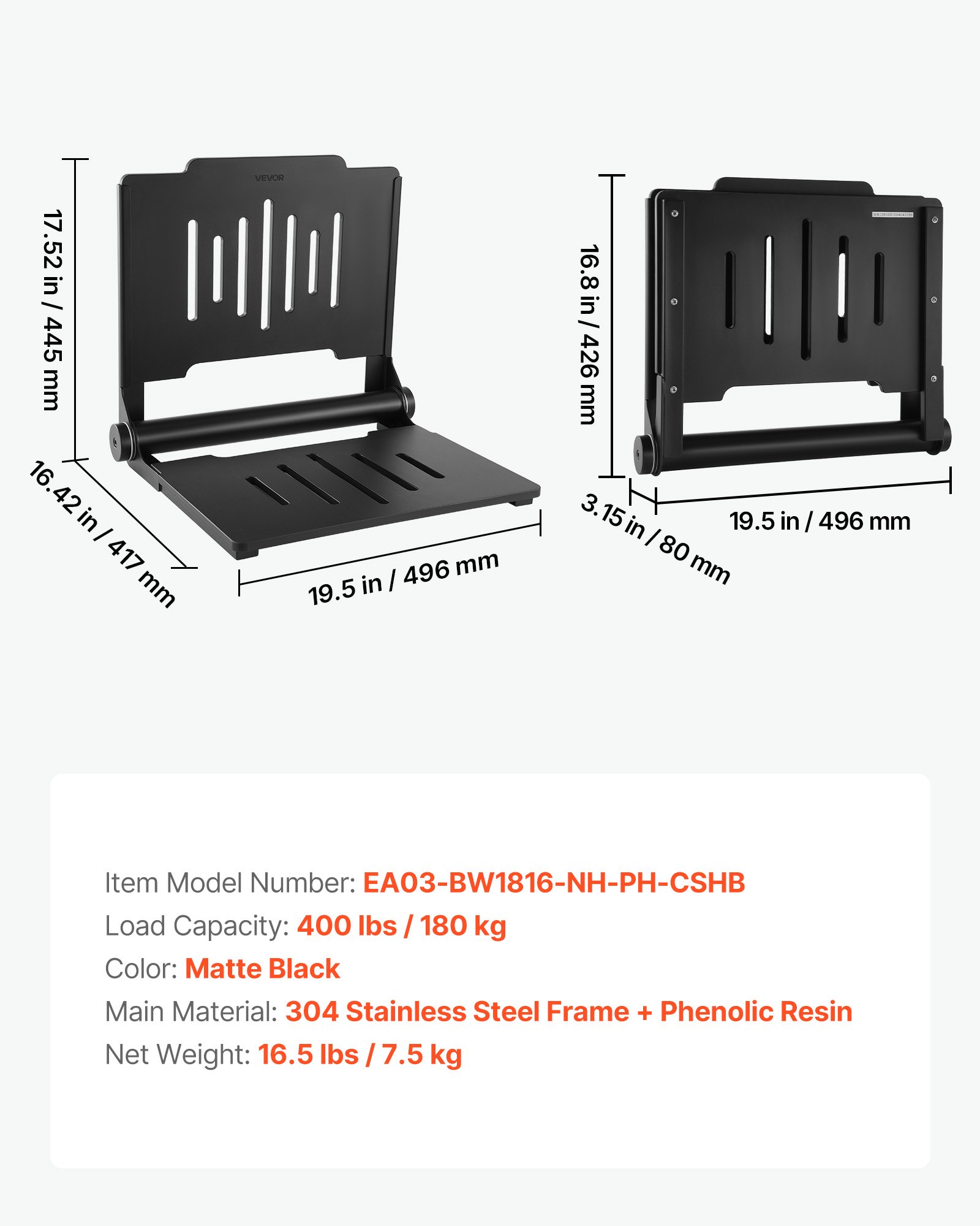 VEVOR Foldable Wall Mounted Shower Seat 45.2 cm with Backrest, Plastic Bench with 304 Stainless Steel Frame, 180 kg Load for Adults & Seniors - Зображення 7
