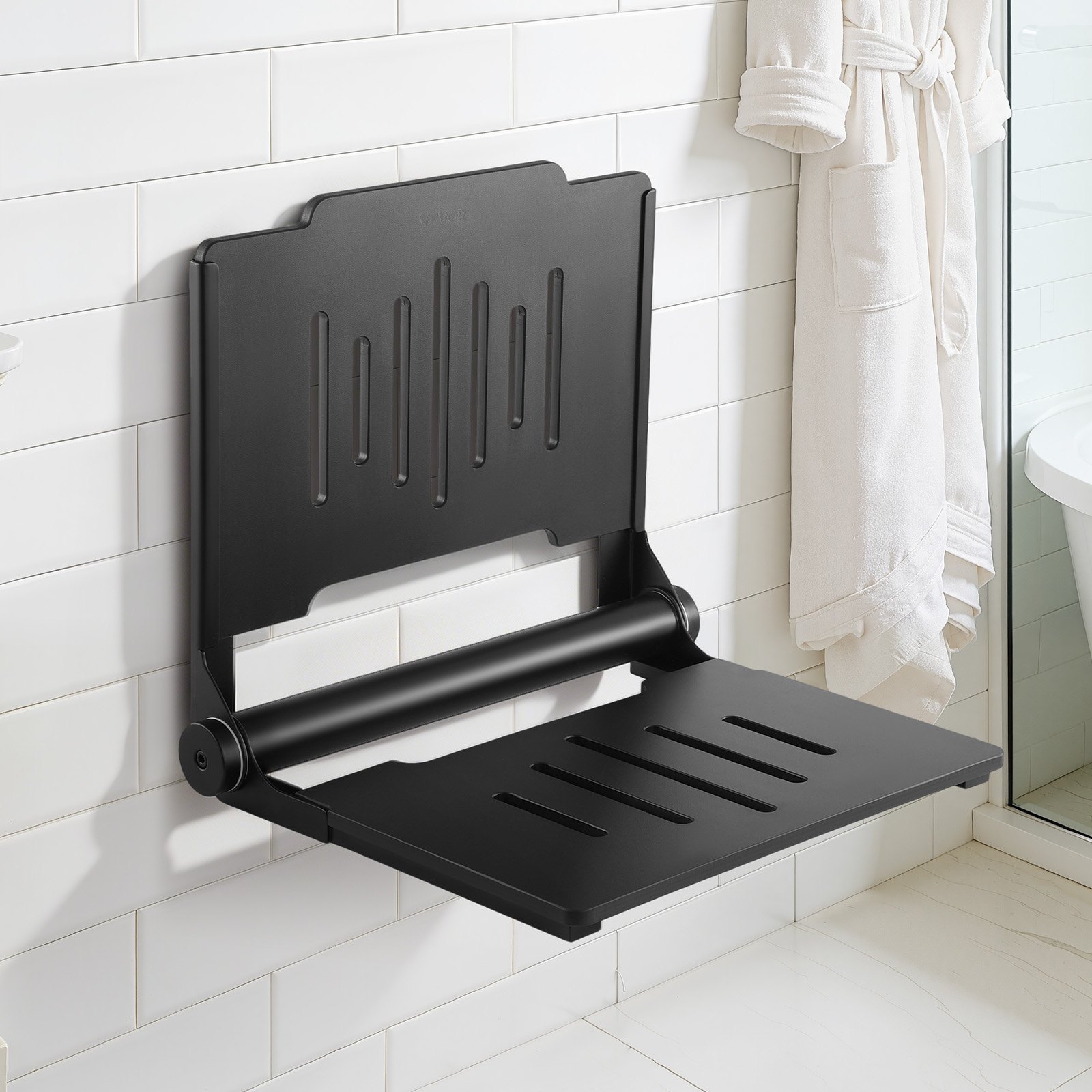 VEVOR Foldable Wall Mounted Shower Seat 45.2 cm with Backrest, Plastic Bench with 304 Stainless Steel Frame, 180 kg Load for Adults & Seniors - Зображення 8