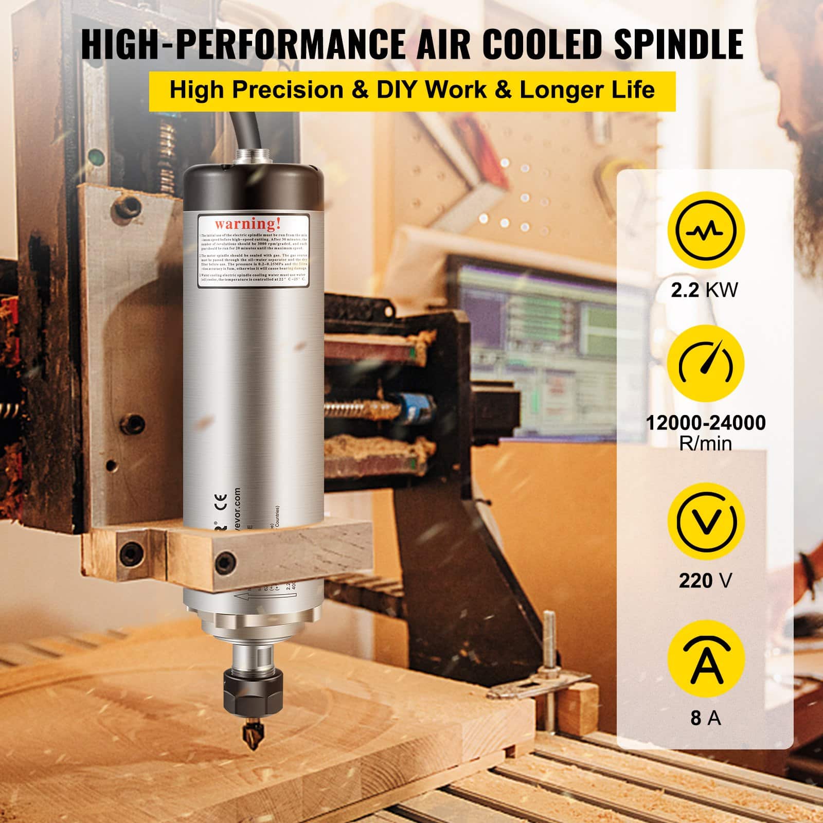 VEVOR 2.2KW 220V Air-Cooled ER20 CNC Spindle Motor for Engraving & Milling, φ8x29.9cm, 24000RPM, 4 Bearings - Image 2