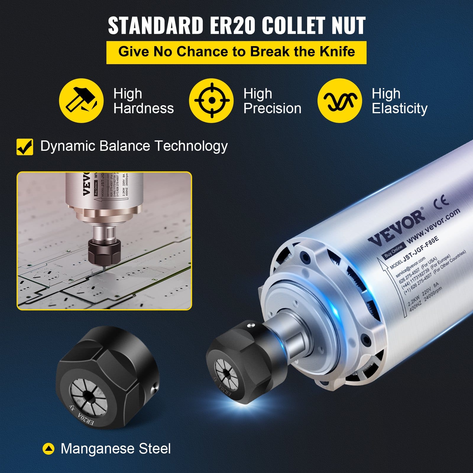 VEVOR 2.2KW 220V Air-Cooled ER20 CNC Spindle Motor for Engraving & Milling, φ8x29.9cm, 24000RPM, 4 Bearings - Image 3