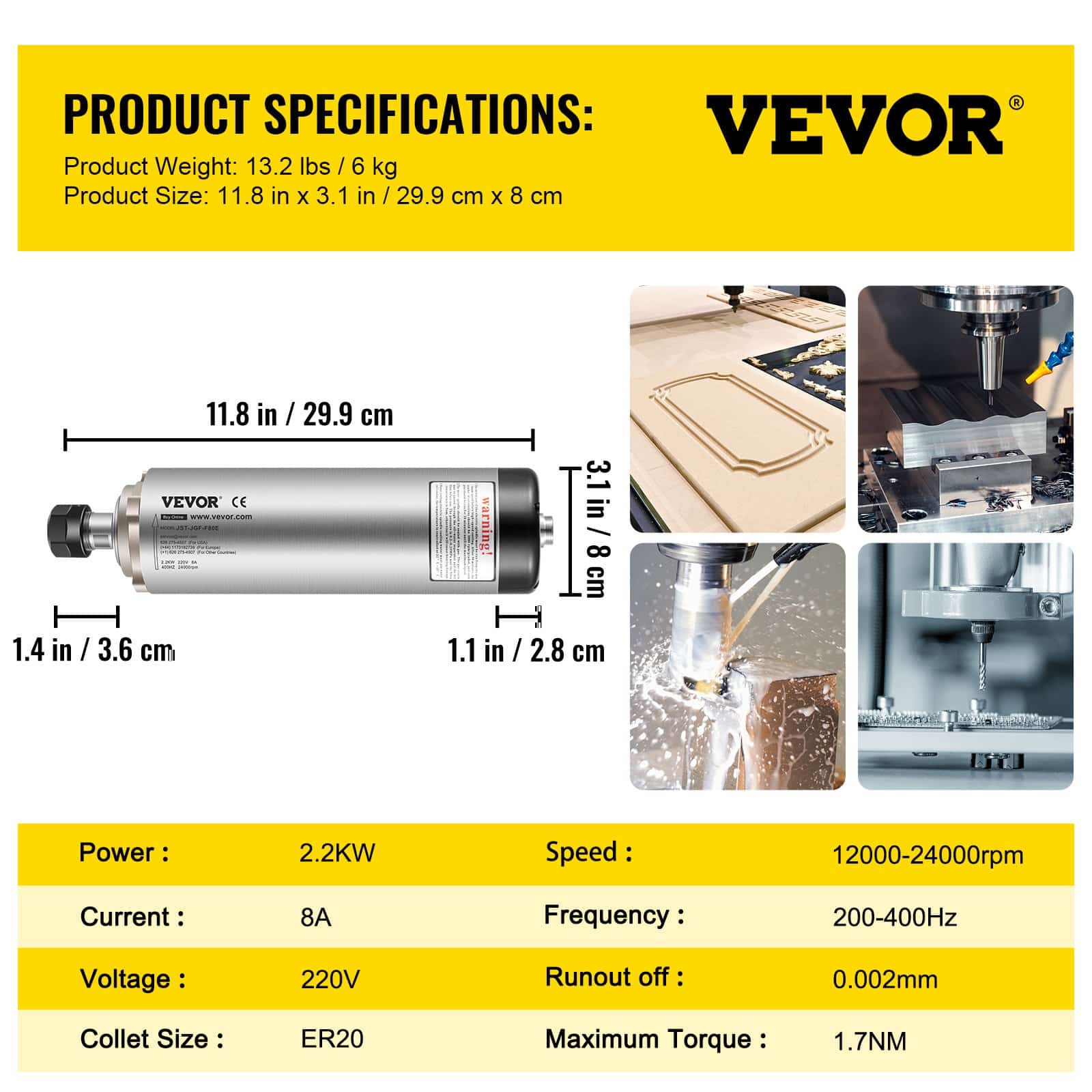 VEVOR 2.2KW 220V Air-Cooled ER20 CNC Spindle Motor for Engraving & Milling, φ8x29.9cm, 24000RPM, 4 Bearings - Image 7