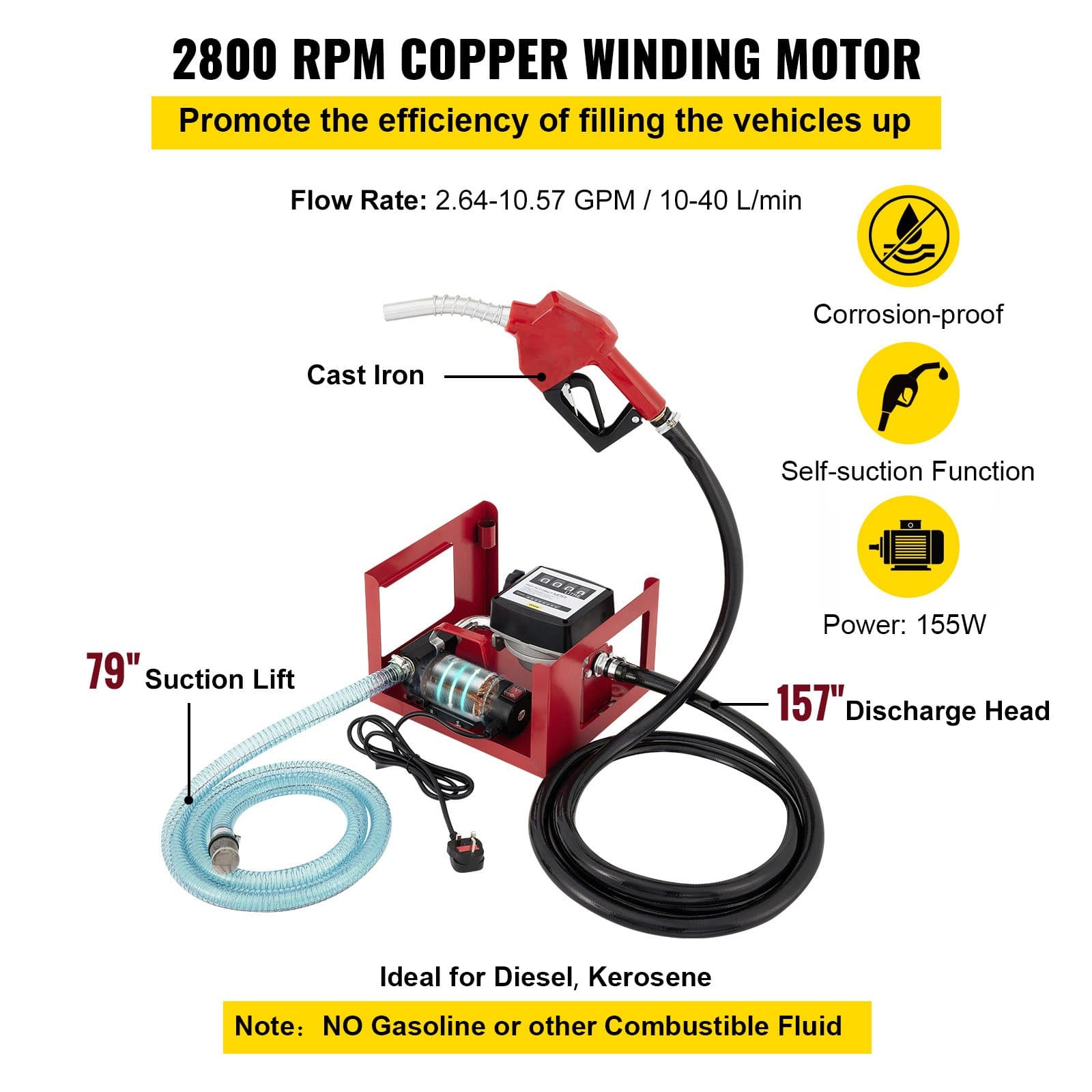 VEVOR 40L Diesel Fuel Transfer Pump with Digital Meter, 300W Self-Priming Oil Pump for Heating Oil & Kerosene, Auto Nozzle - Зображення 5