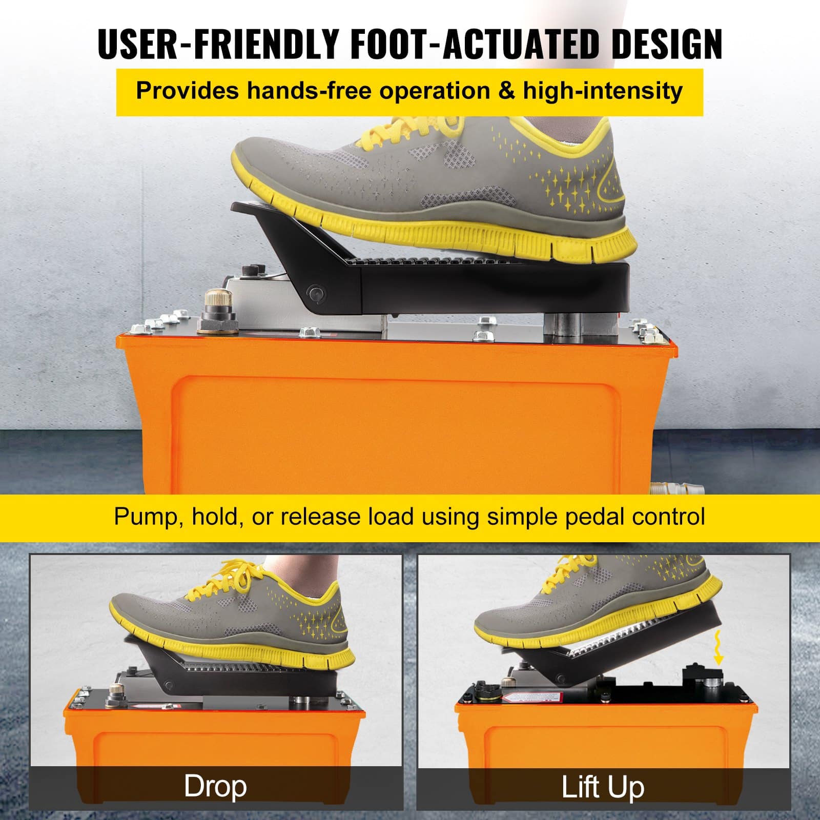 VEVOR 689 bar Air Hydraulic Foot Pump with 1.6L Tank & Hose, 0.8 L/min Flow, Single Acting, for Ram Cylinders & Presses - Image 4