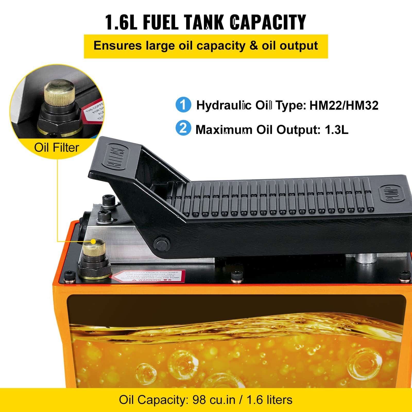 VEVOR 689 bar Air Hydraulic Foot Pump with 1.6L Tank & Hose, 0.8 L/min Flow, Single Acting, for Ram Cylinders & Presses - Image 5