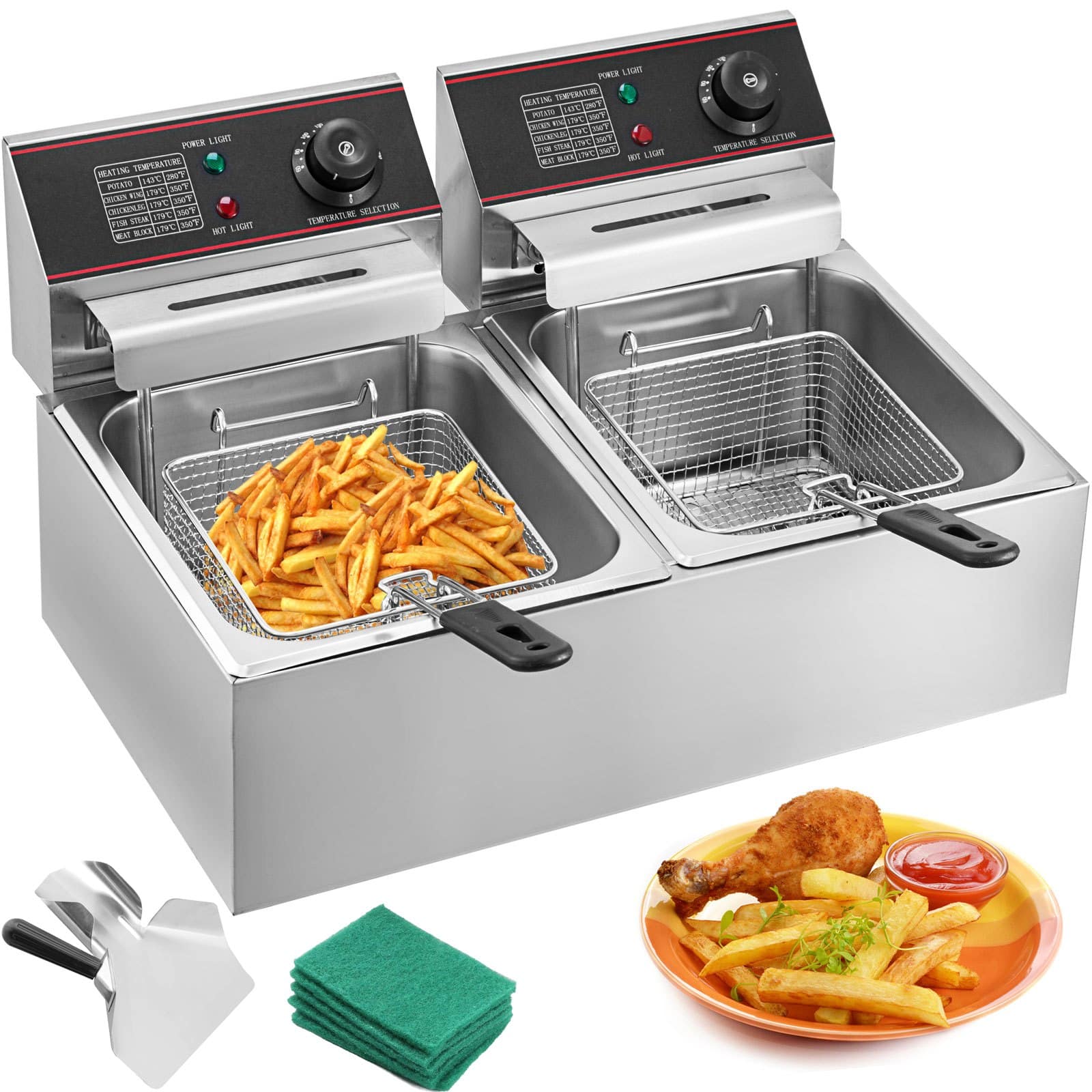 VEVOR 5000W Commercial Double Deep Fryer 2x6L Oil Capacity, Dual Temperature Control, Stainless Steel, Easy Clean