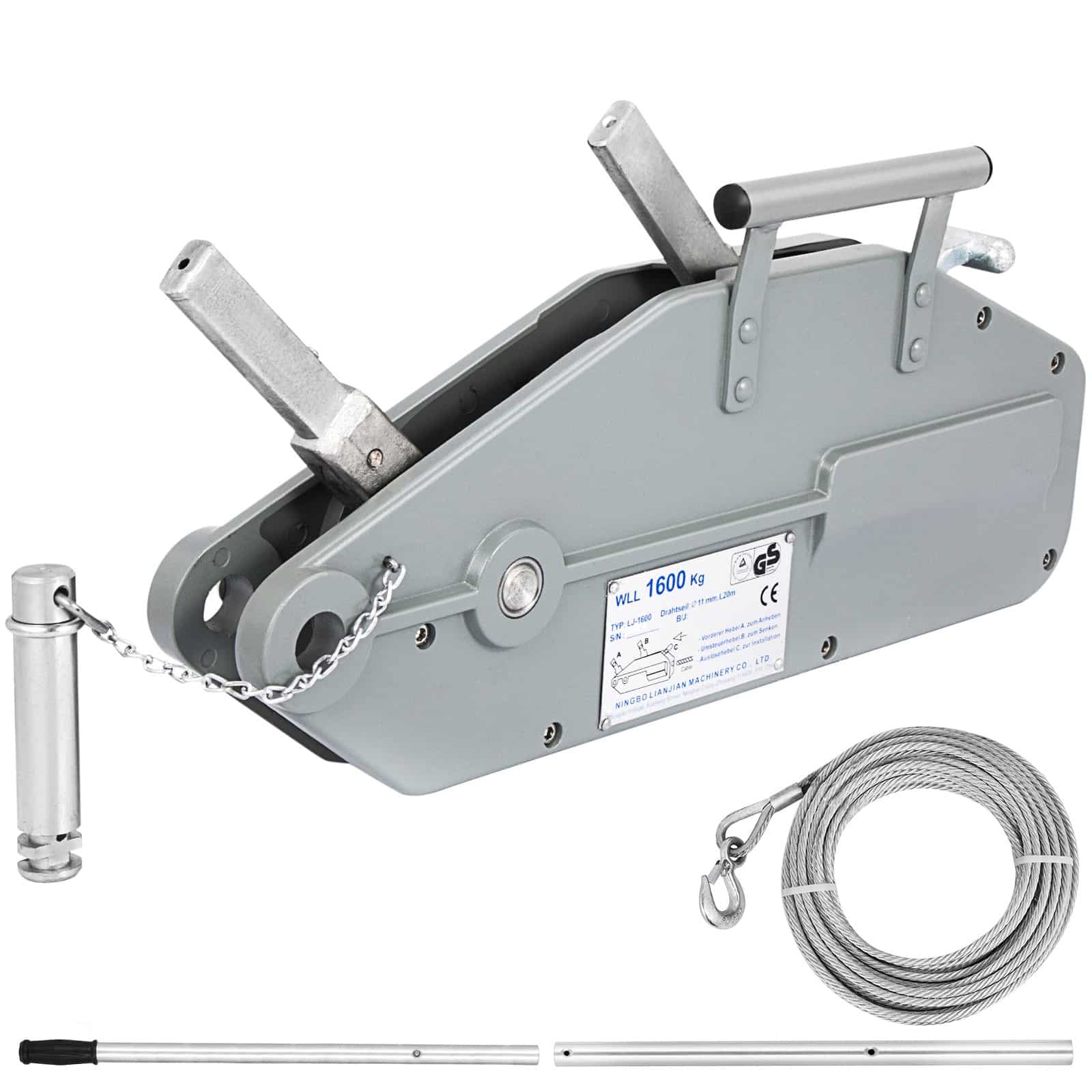 VEVOR Manual Wire Rope Puller 1.6T Capacity, 25m Steel Cable Hand Winch with Hook, Heavy Duty Hoist for Lifting & Towing