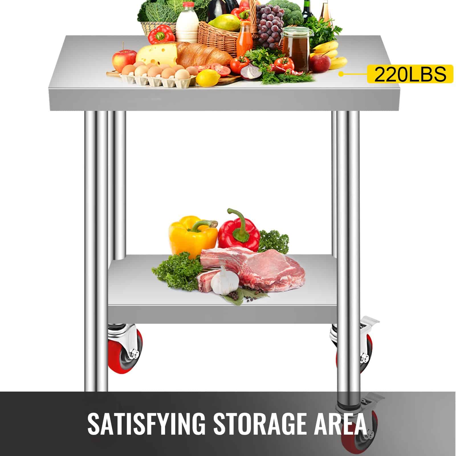 VEVOR Stainless Steel Work Table 76x46x86cm, 317kg Load, 3 Height Levels, 4 Wheels, Heavy-Duty Prep Table for Commercial Kitchen – Paveikslėlis 4