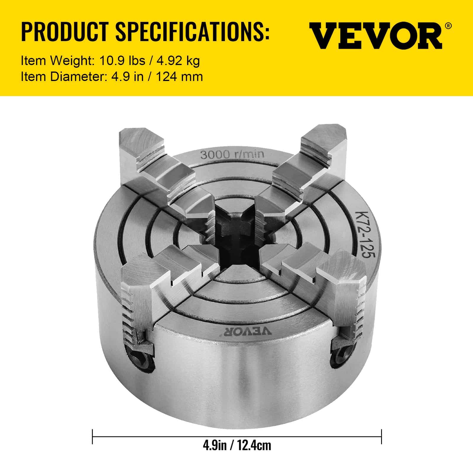 VEVOR K72-125 125mm 4-Jaw Independent Lathe Chuck with Reversible Jaws for Mini Metal Lathe, High Precision Cast Iron Body — attēls 7