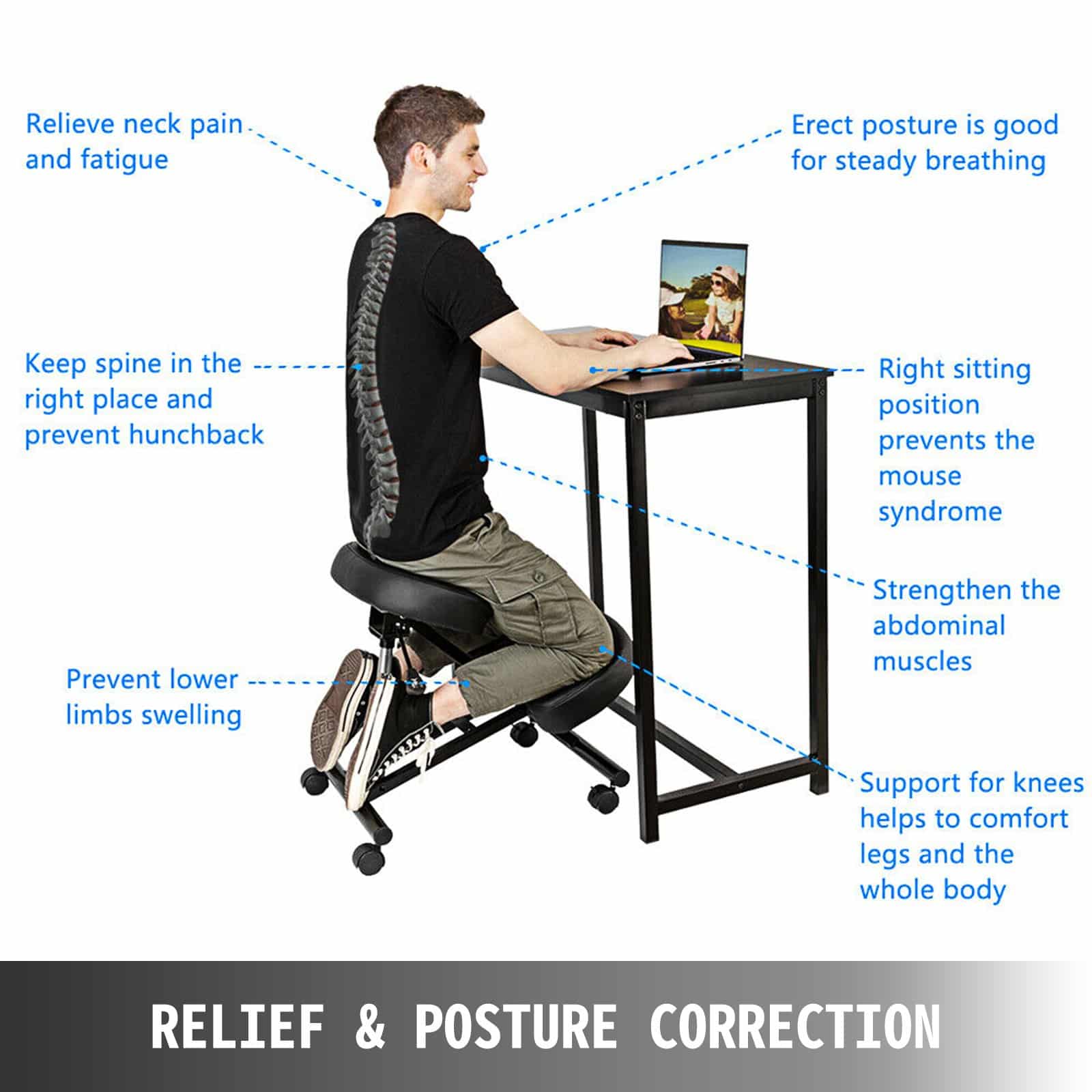 VEVOR Ergonomic Kneeling Chair - Adjustable Posture Stool with 113 kg Load Capacity, Rolling Wheels, for Home & Office — изображение 2