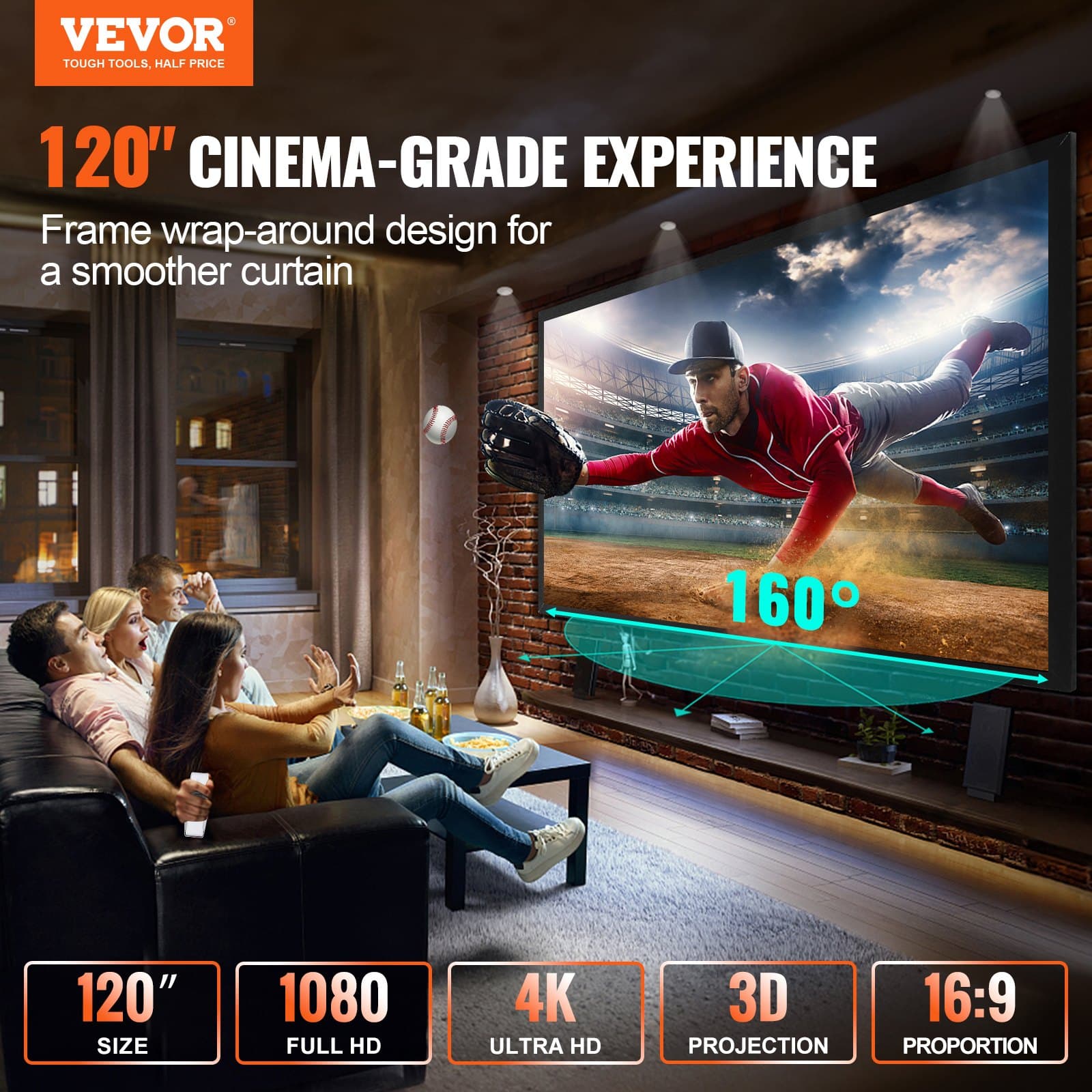 VEVOR 120" 16:9 Fixed Frame 4K HD Projection Screen with 160° Viewing Angle for Home Theater & Outdoor Use - Image 2