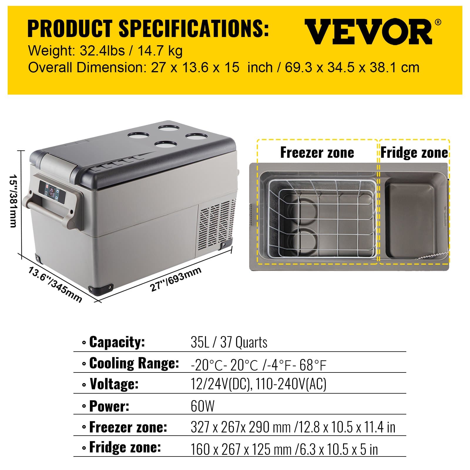 VEVOR 35L Portable Car Refrigerator Freezer with Compressor, Bluetooth & Battery Protection -12/24V for Travel, RV, Camping — Attēls 7