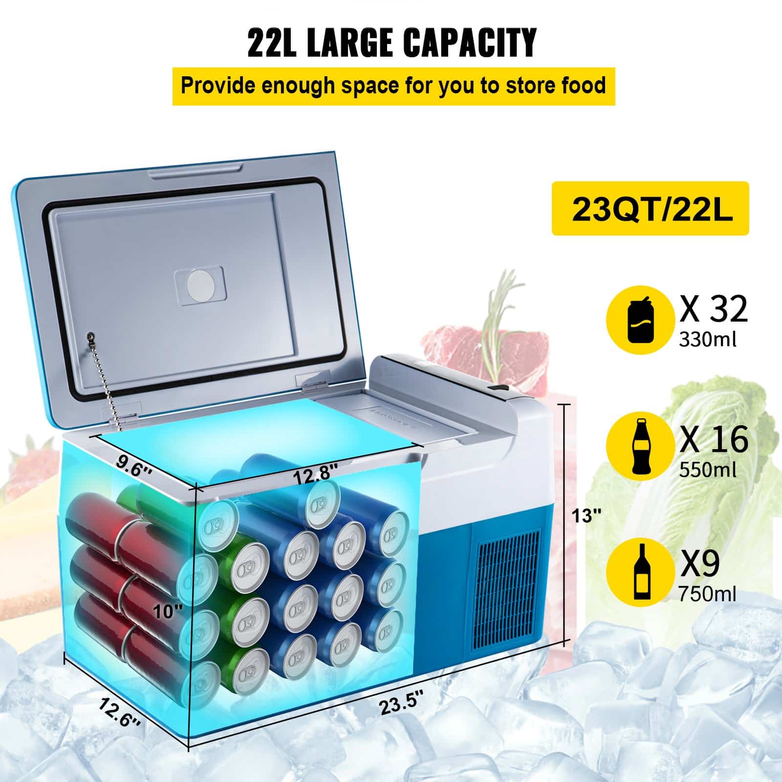 VEVOR 22L Portable Car Refrigerator Freezer, 12/24V DC & 120/240V AC, -20°C to 20°C, for Travel, Camping, RV, Boat, Home Use — изображение 3