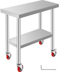 VEVOR стол из нержавеющей стали 76x30x86 см, нагрузка 317 кг, 3 уровня высоты, 4 колеса, для коммерческой кухни, серебристый