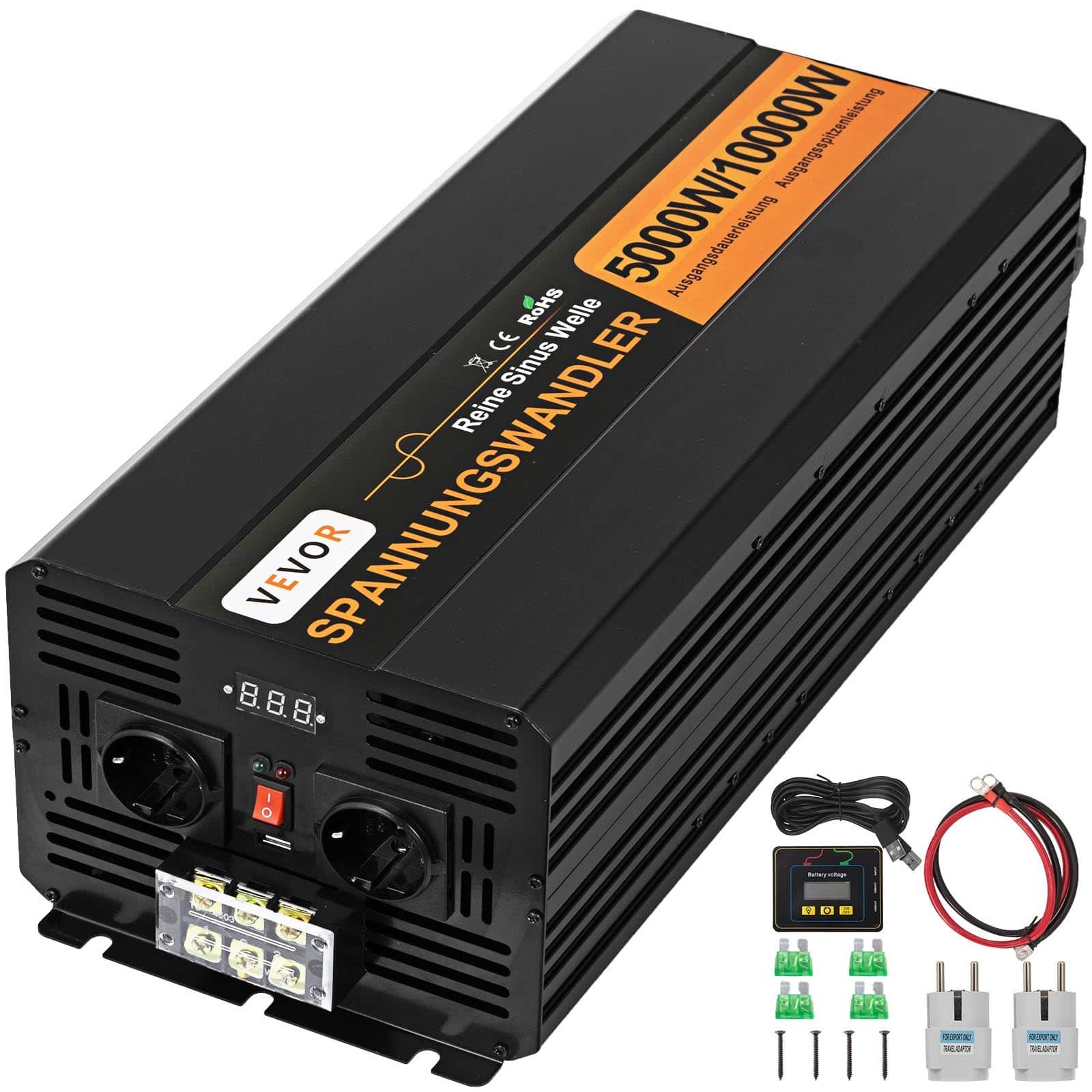 VEVOR 5000W Pure Sine Wave Inverter 24V DC to 230V AC with Remote, USB, Fuses - 10000W Peak for Home, Car, Solar Backup