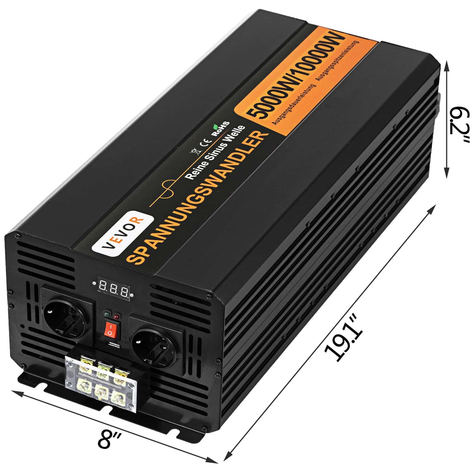 VEVOR 5000W Pure Sine Wave Inverter 24V DC to 230V AC with Remote, USB, Fuses - 10000W Peak for Home, Car, Solar Backup - Зображення 8