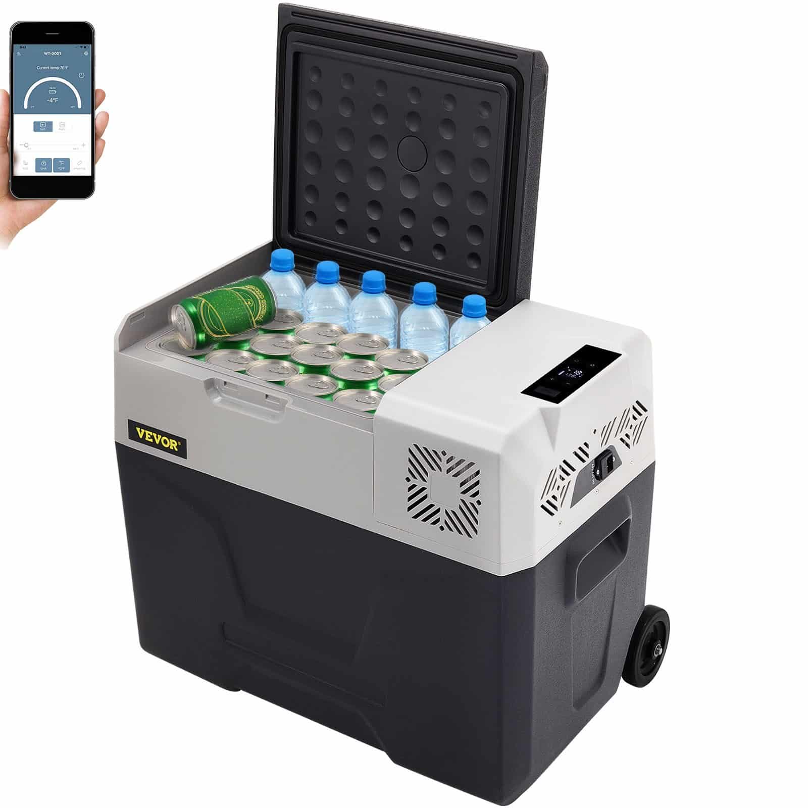 VEVOR 40L Portable Car Refrigerator Freezer with Wheels, -20°C to 20°C, 12/24V DC & 100-240V AC, Bluetooth, for Camping & Travel