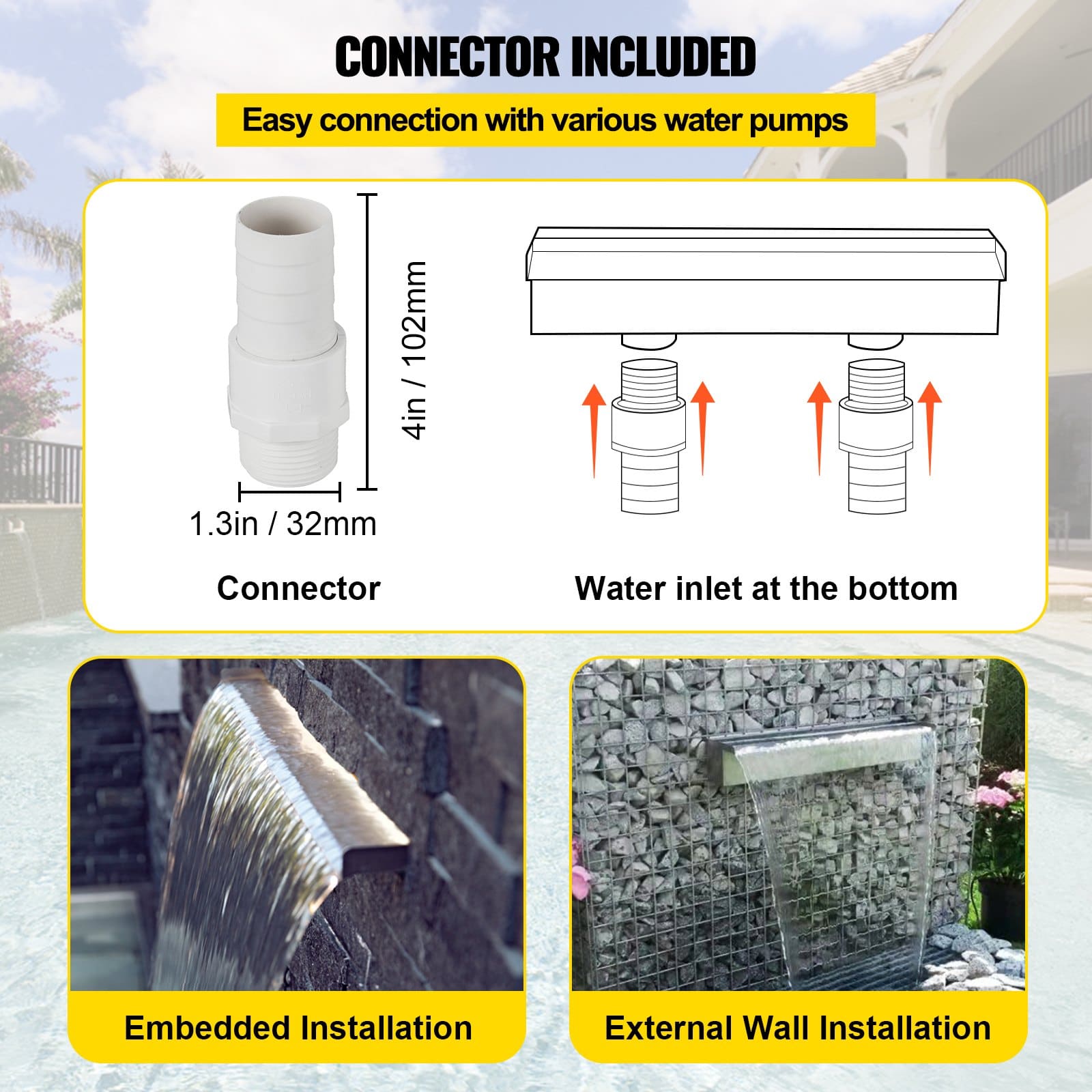 VEVOR 60 x 11.4 x 7.9 cm Stainless Steel Garden Waterfall Fountain for Pool, Pond, Indoor & Outdoor Decoration — Attēls 5