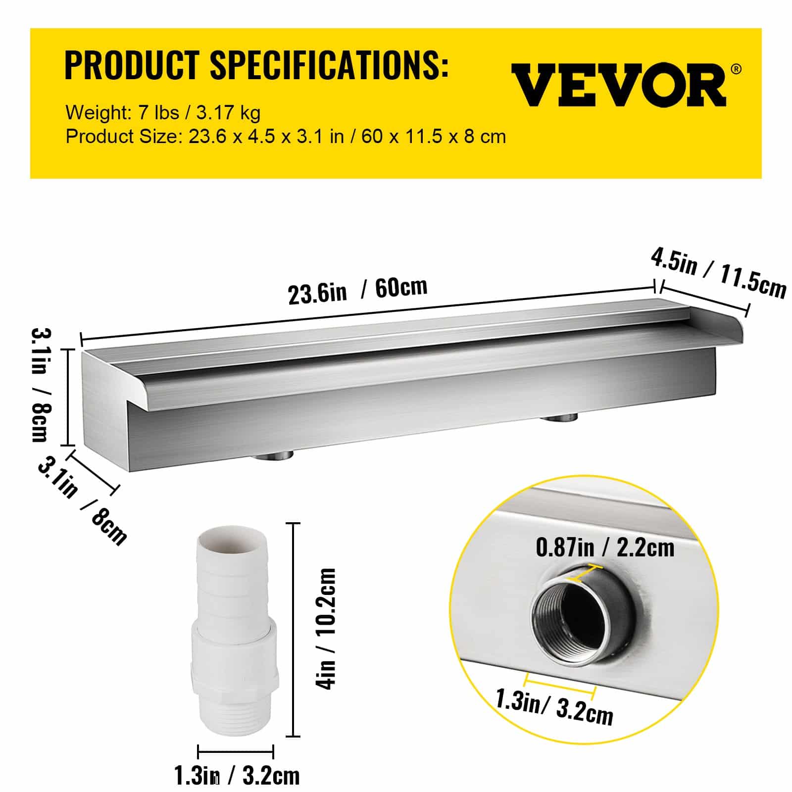 VEVOR 60 x 11.4 x 7.9 cm Stainless Steel Garden Waterfall Fountain for Pool, Pond, Indoor & Outdoor Decoration — Attēls 7