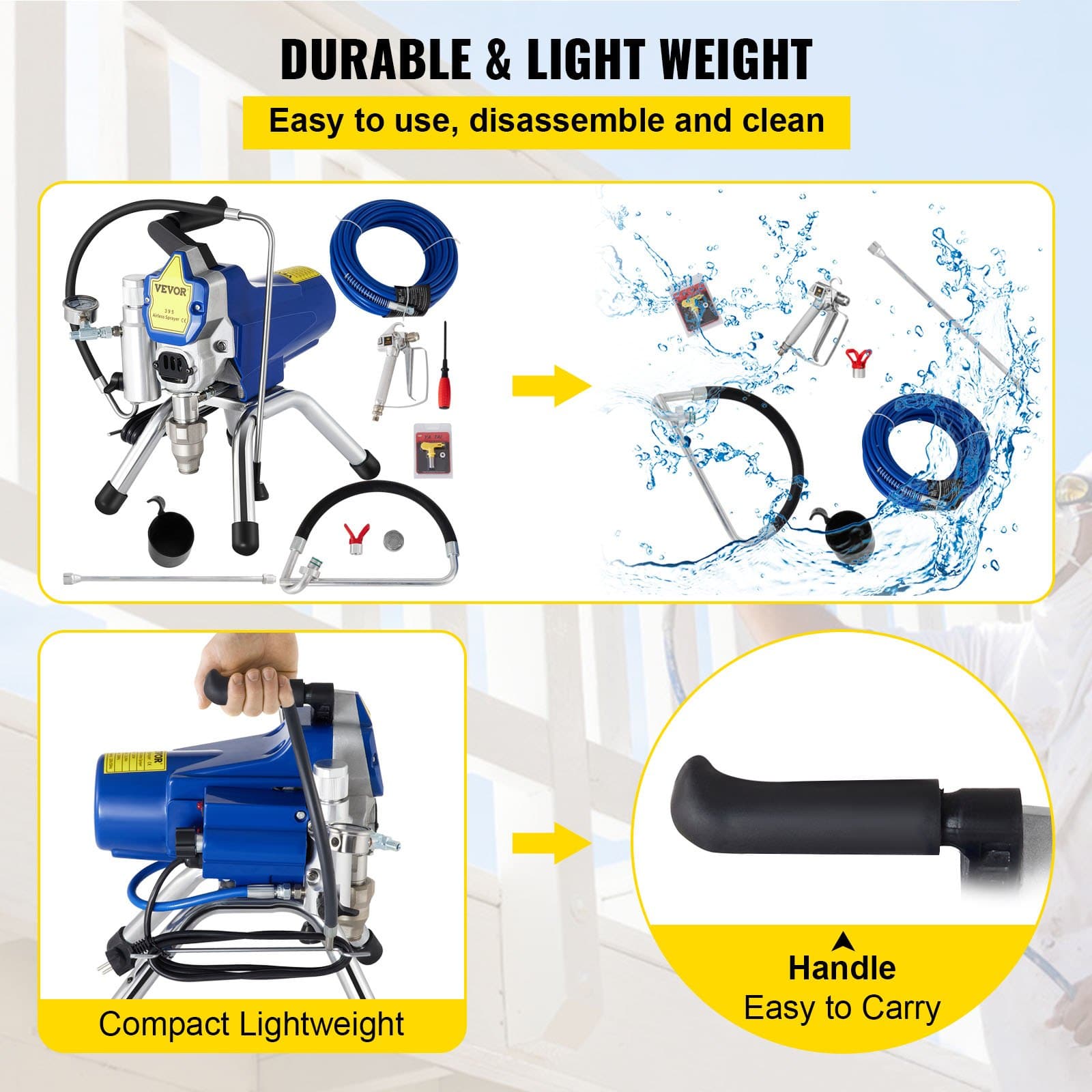VEVOR 2200W Airless Paint Sprayer, 220V High-Pressure Wall Spray Gun with 15m Hose, 2.5L/min Flow, 3300PSI, Brushless Motor - Зображення 5