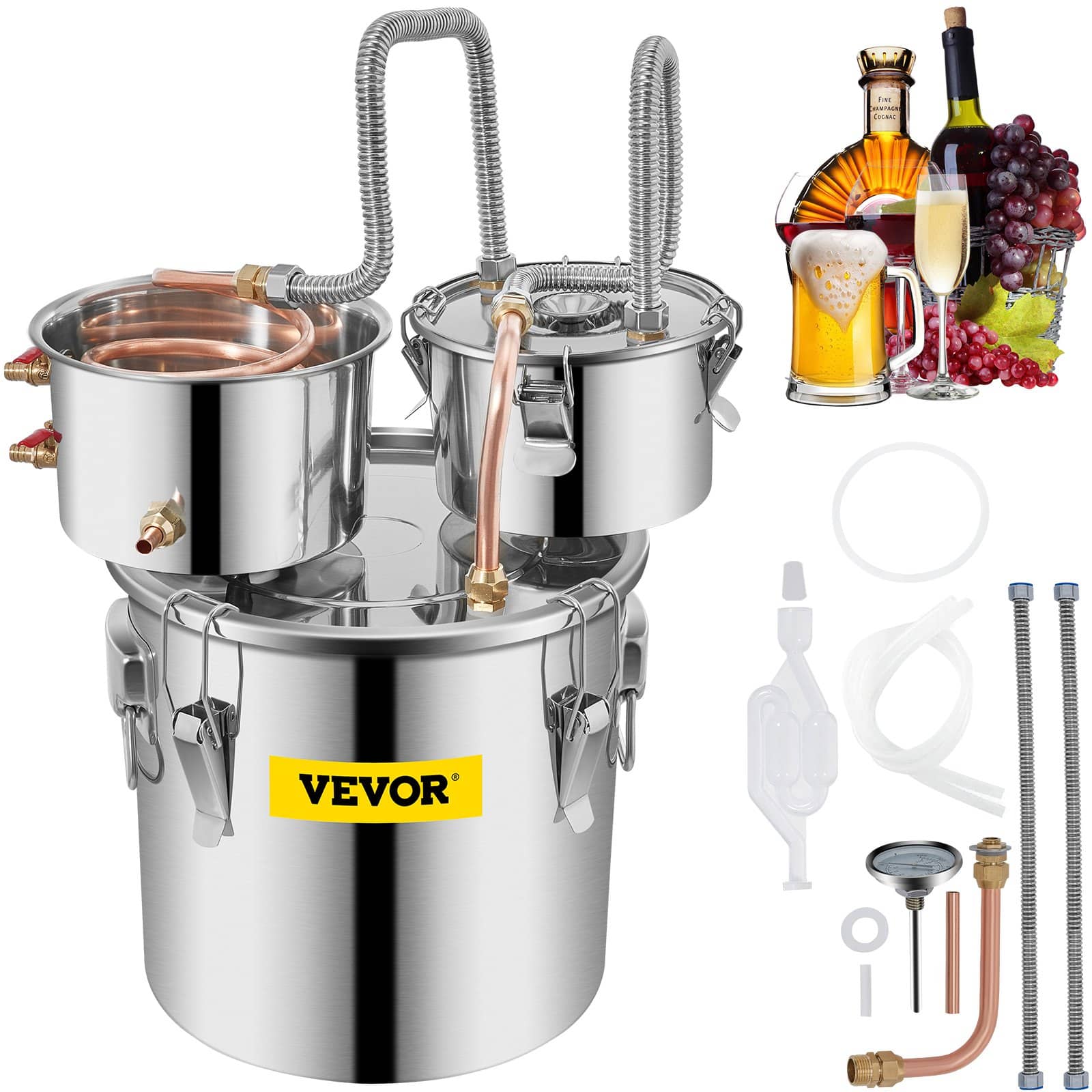 VEVOR 12L Stainless Steel Water & Alcohol Distiller with Copper Coil, Pump & Thermometer – Home Brewing Kit for Whisky & Spirits
