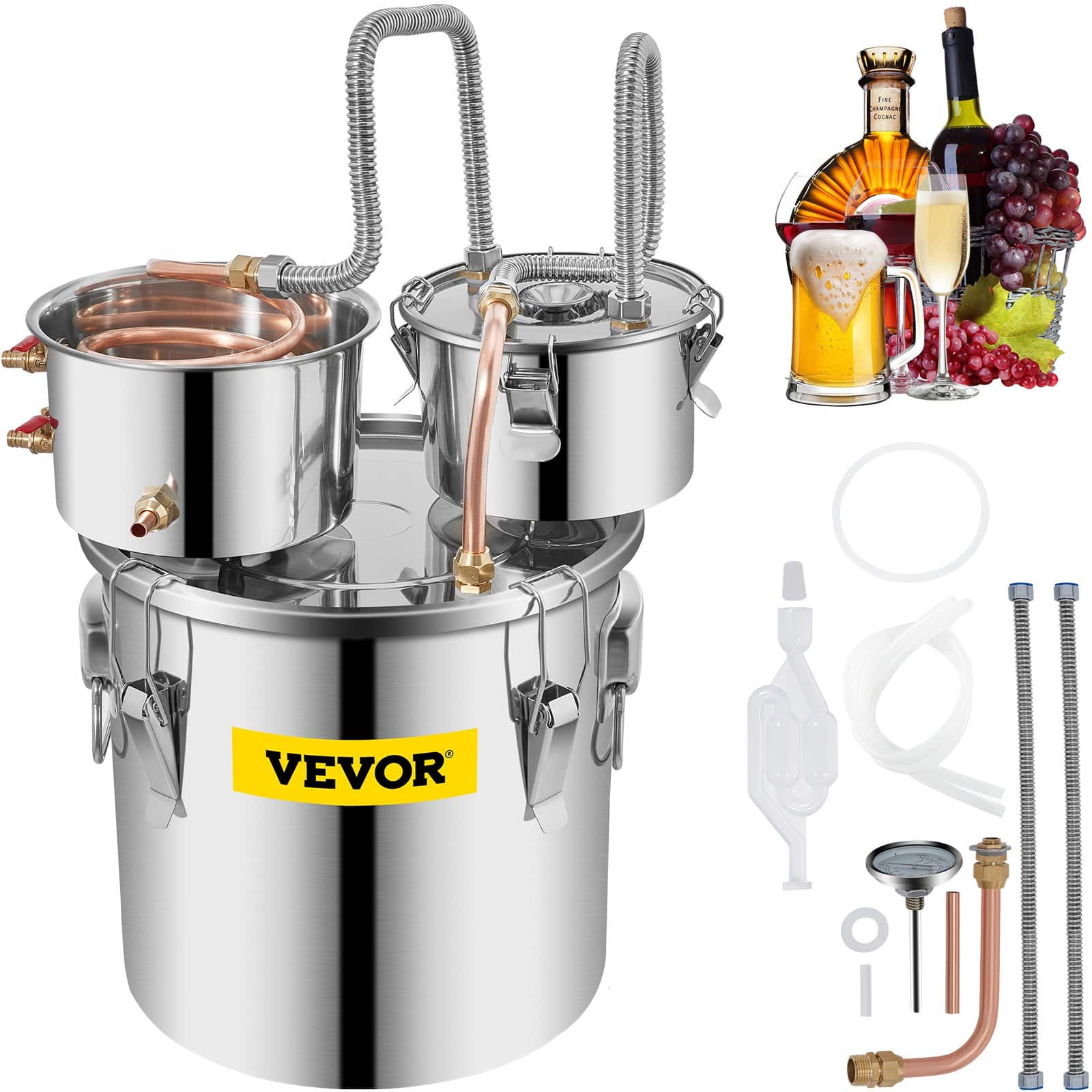 VEVOR 21L Stainless Steel Alcohol Distiller Kit with Copper Coil & Pump, Thermometer, for Homemade Whisky, Wine, Brandy, Spirits