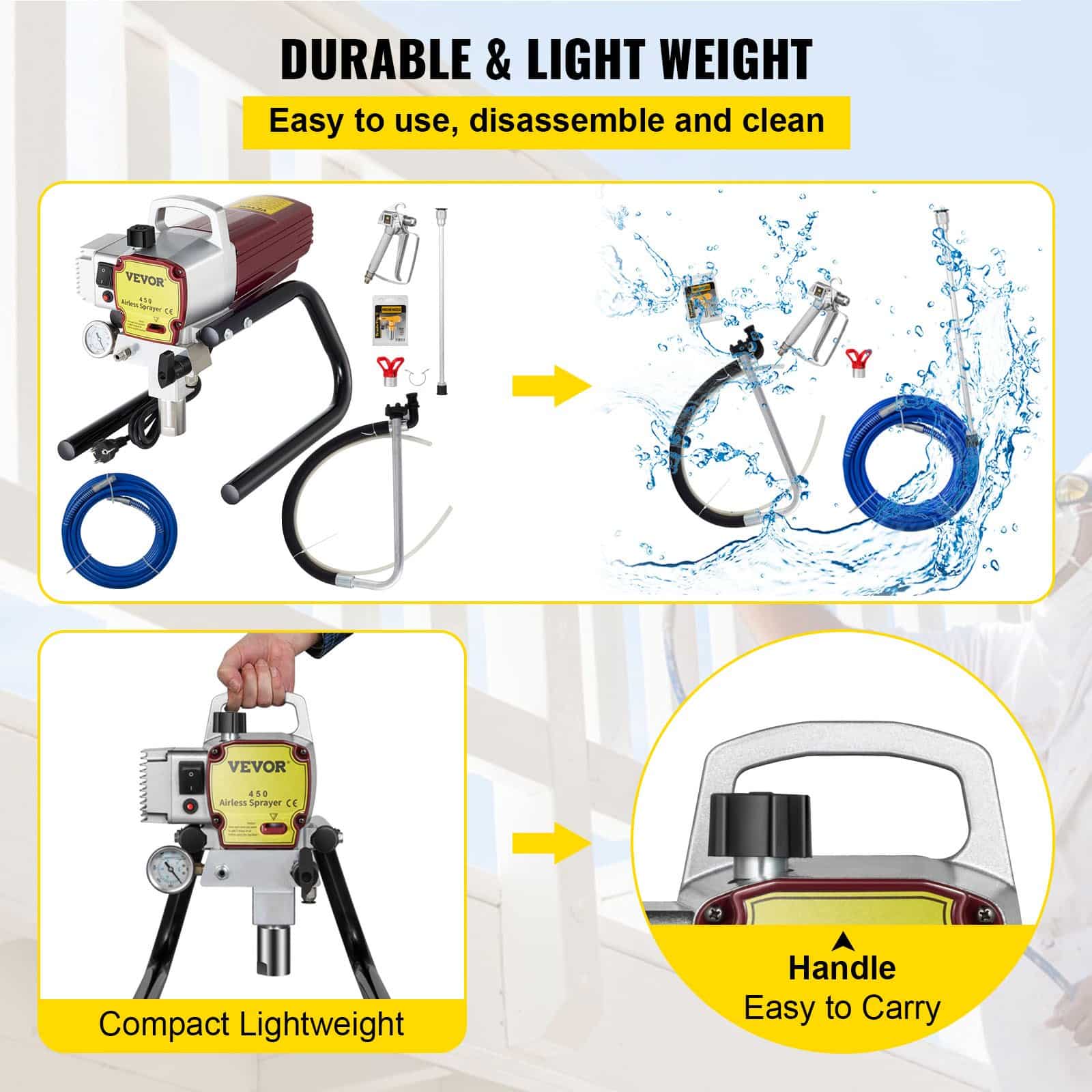 VEVOR 1500W Airless Electric Paint Sprayer Kit with 15m Hose, 22MPa Adjustable Pressure for Walls, Ceilings, Wood, Metal - Зображення 5