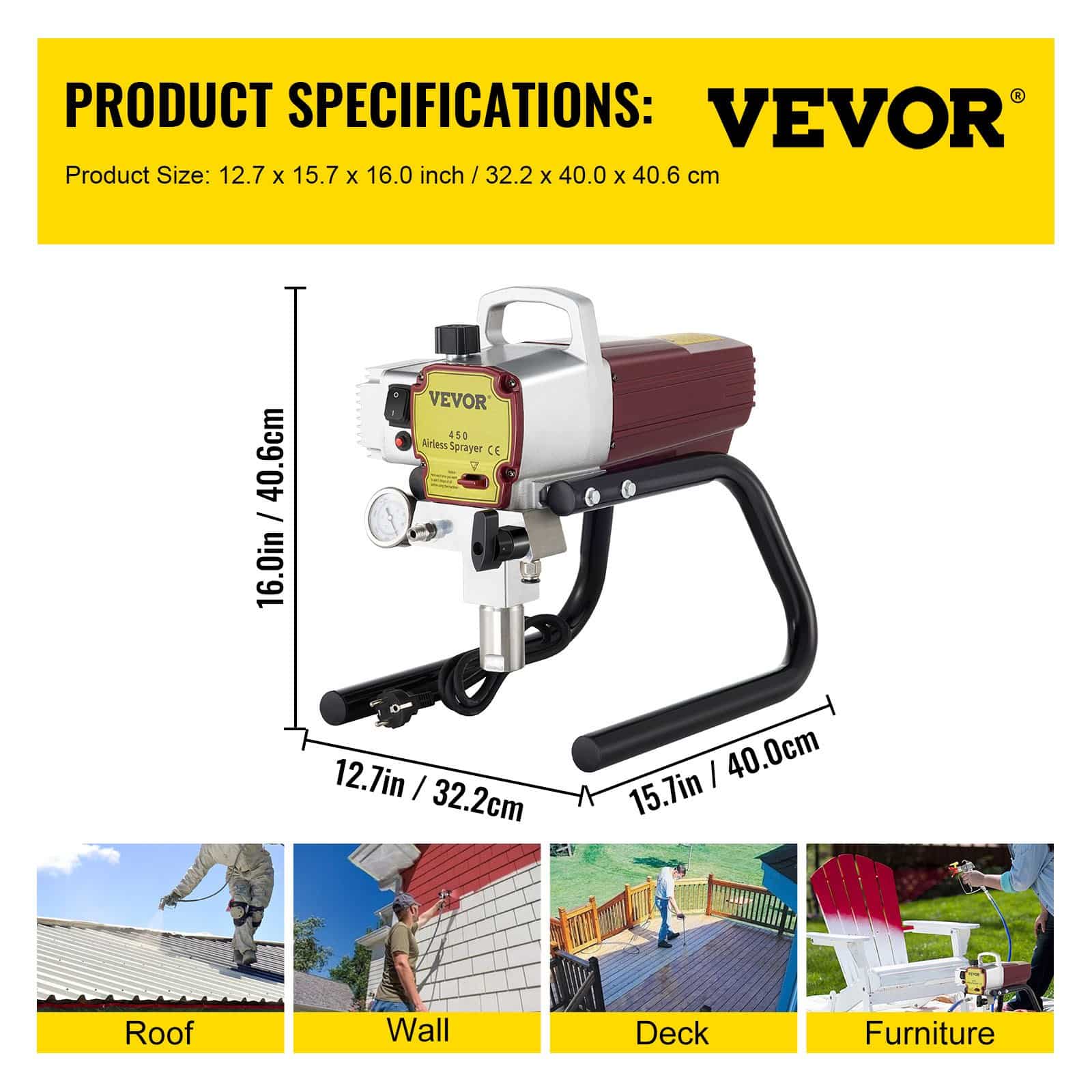 VEVOR 1500W Airless Electric Paint Sprayer Kit with 15m Hose, 22MPa Adjustable Pressure for Walls, Ceilings, Wood, Metal - Зображення 7