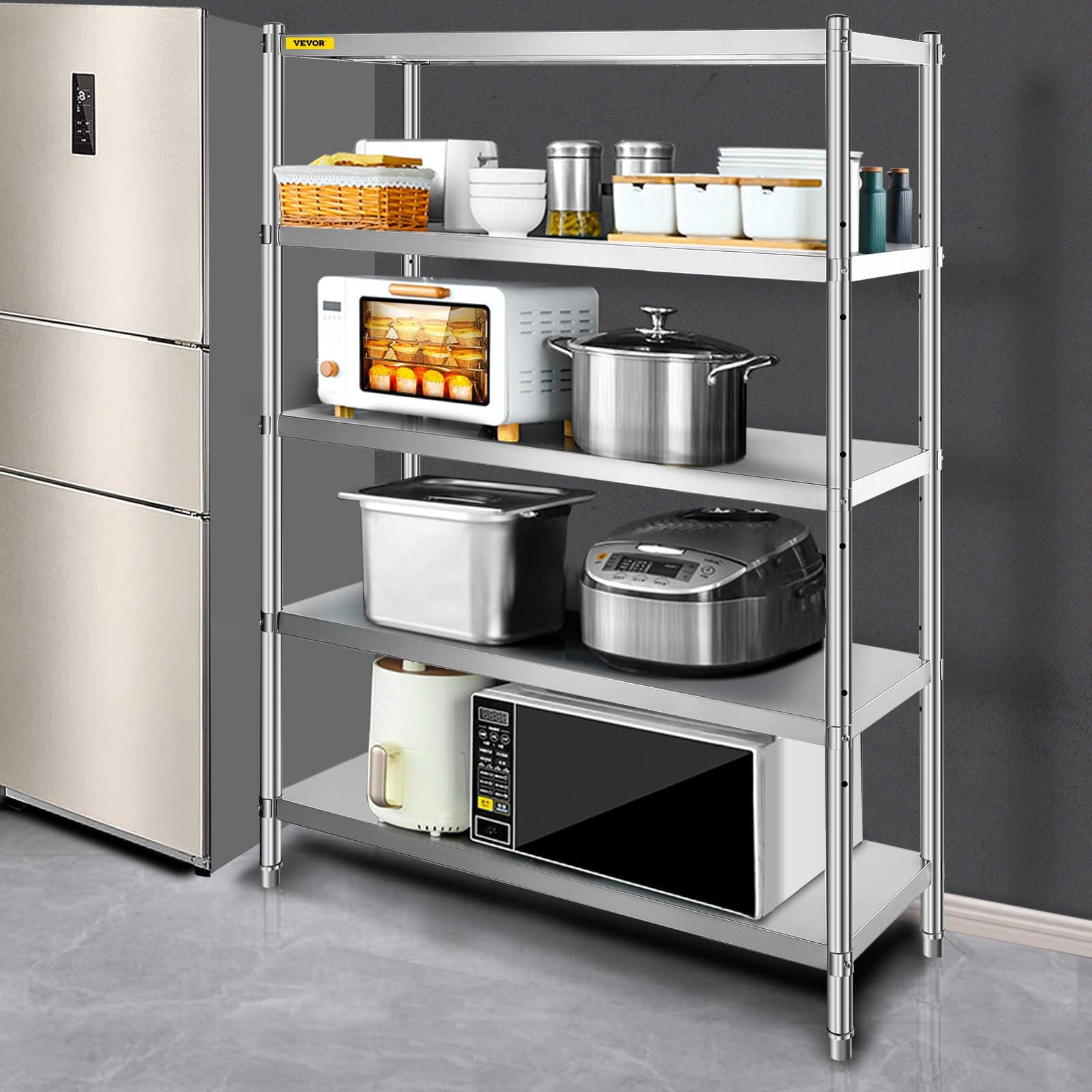 VEVOR 5-Tier Stainless Steel Adjustable Shelving Unit, 121x46x183 cm, 150 kg/tier Load, Kitchen/Garage Storage Rack - Image 8