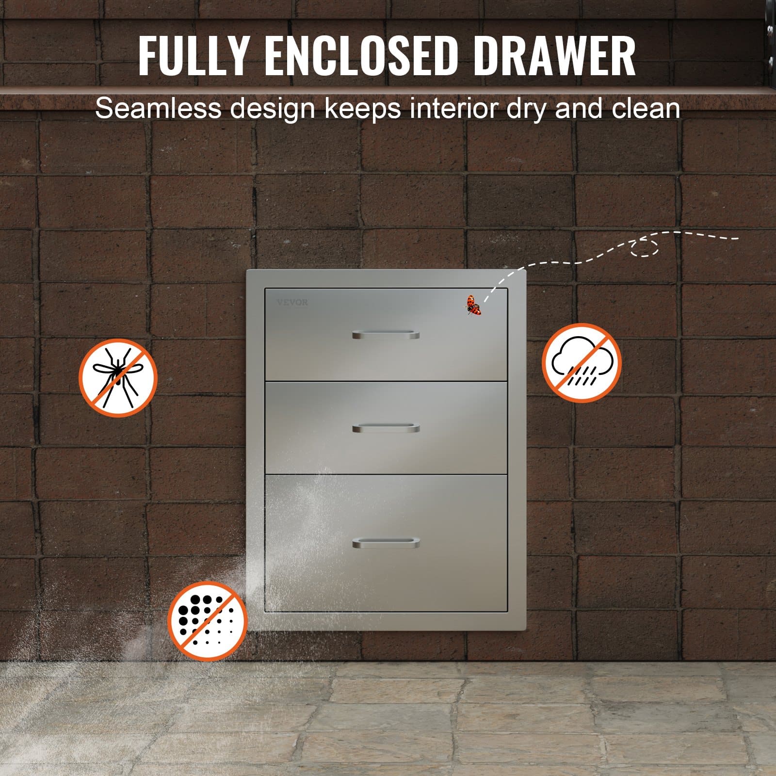 VEVOR 45x58 cm Outdoor Kitchen Stainless Steel 3-Tier BBQ Drawers with Chrome Handle, Rust-Resistant & Weatherproof - Pilt 6