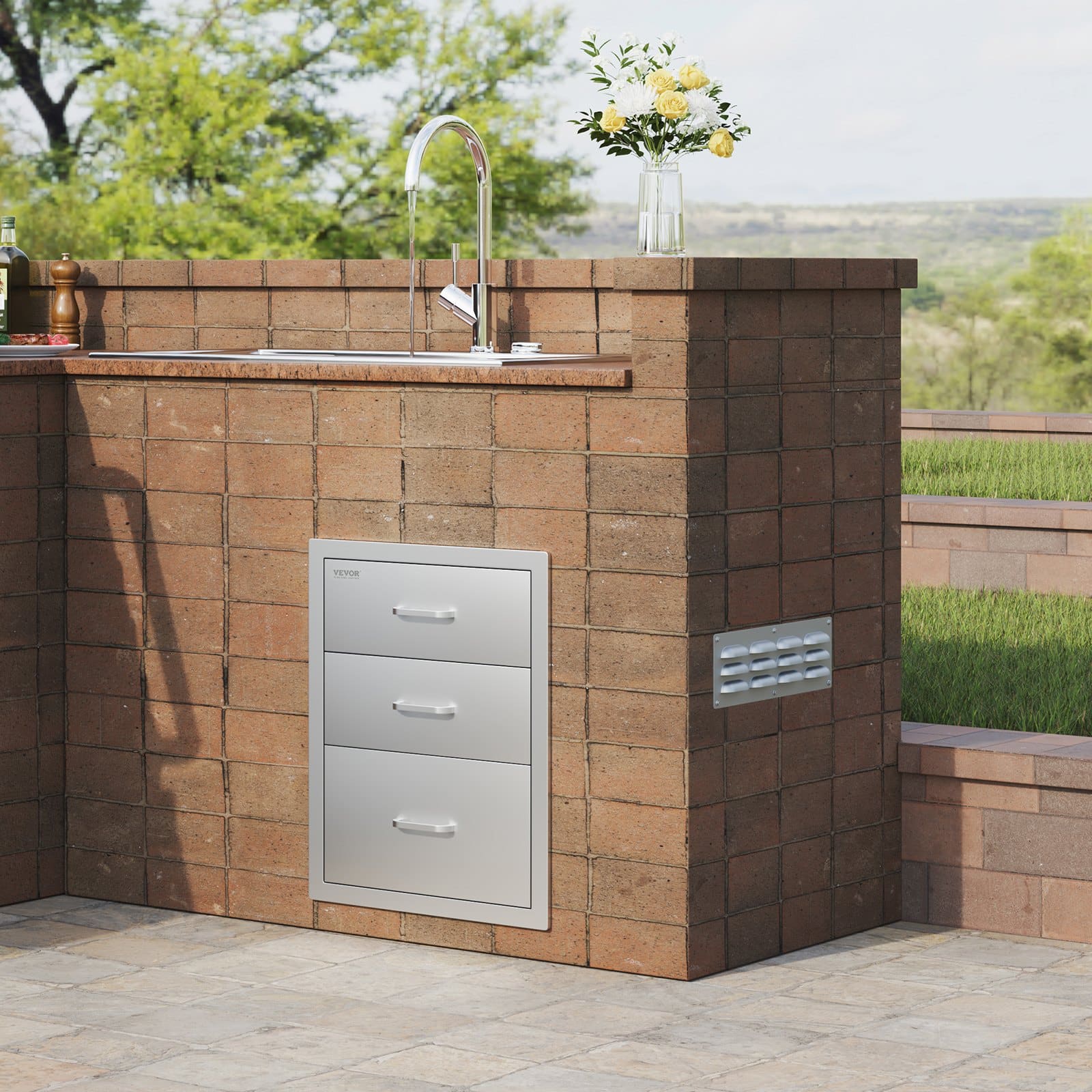 VEVOR 45x58 cm Outdoor Kitchen Stainless Steel 3-Tier BBQ Drawers with Chrome Handle, Rust-Resistant & Weatherproof - Pilt 8