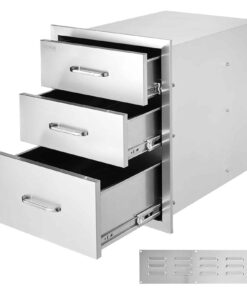 VEVOR 45x58 cm Outdoor Kitchen Stainless Steel 3-Tier BBQ Drawers with Chrome Handle, Rust-Resistant & Weatherproof
