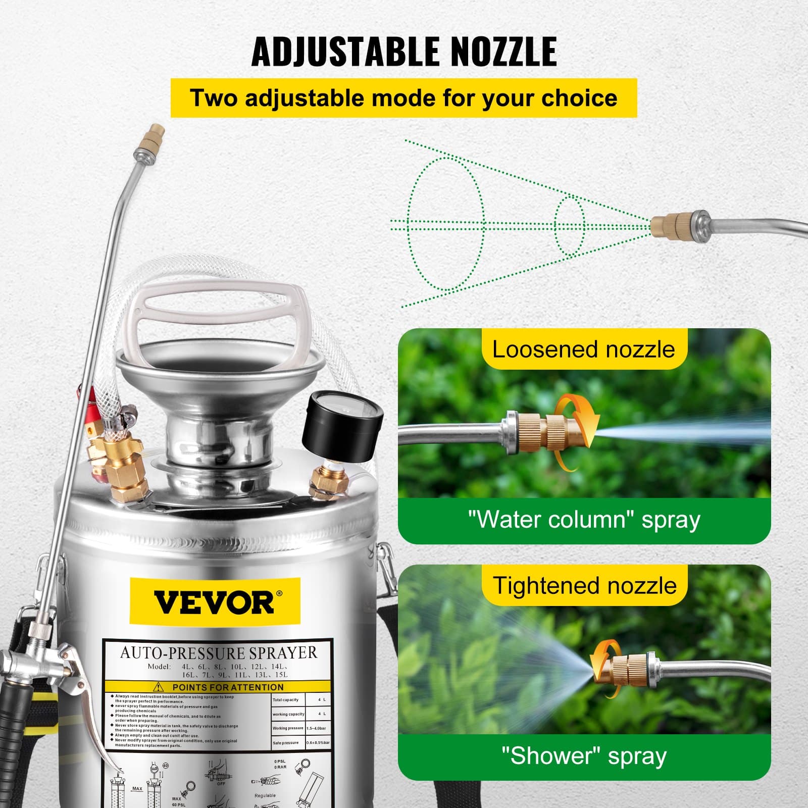 VEVOR 4L Stainless Steel Handheld Pressure Sprayer with Adjustable Nozzle for Gardening, Cleaning & Disinfection - Зображення 4