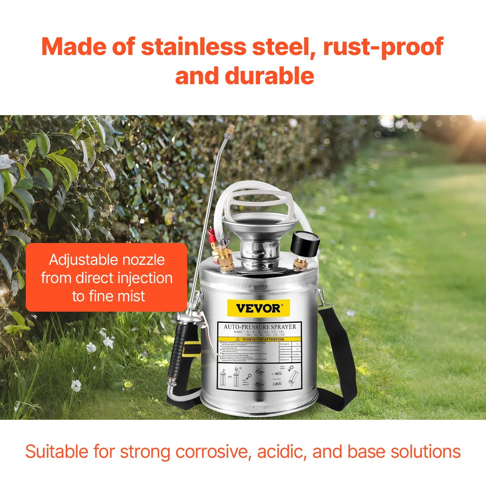 VEVOR 4L Stainless Steel Handheld Pressure Sprayer with Adjustable Nozzle for Gardening, Cleaning & Disinfection - Зображення 8